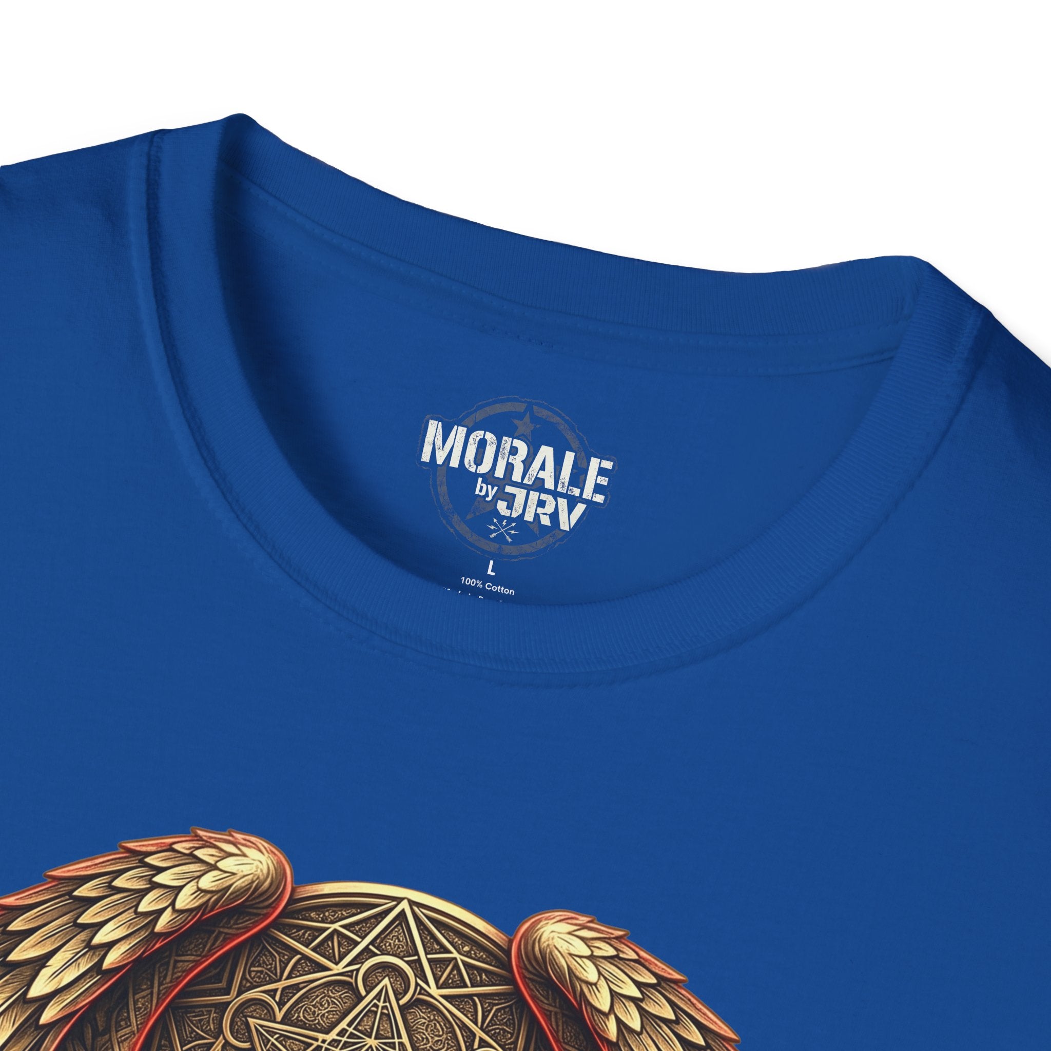 Royal blue Owl Shield Emblem T-Shirt with neck print and partial owl shield art