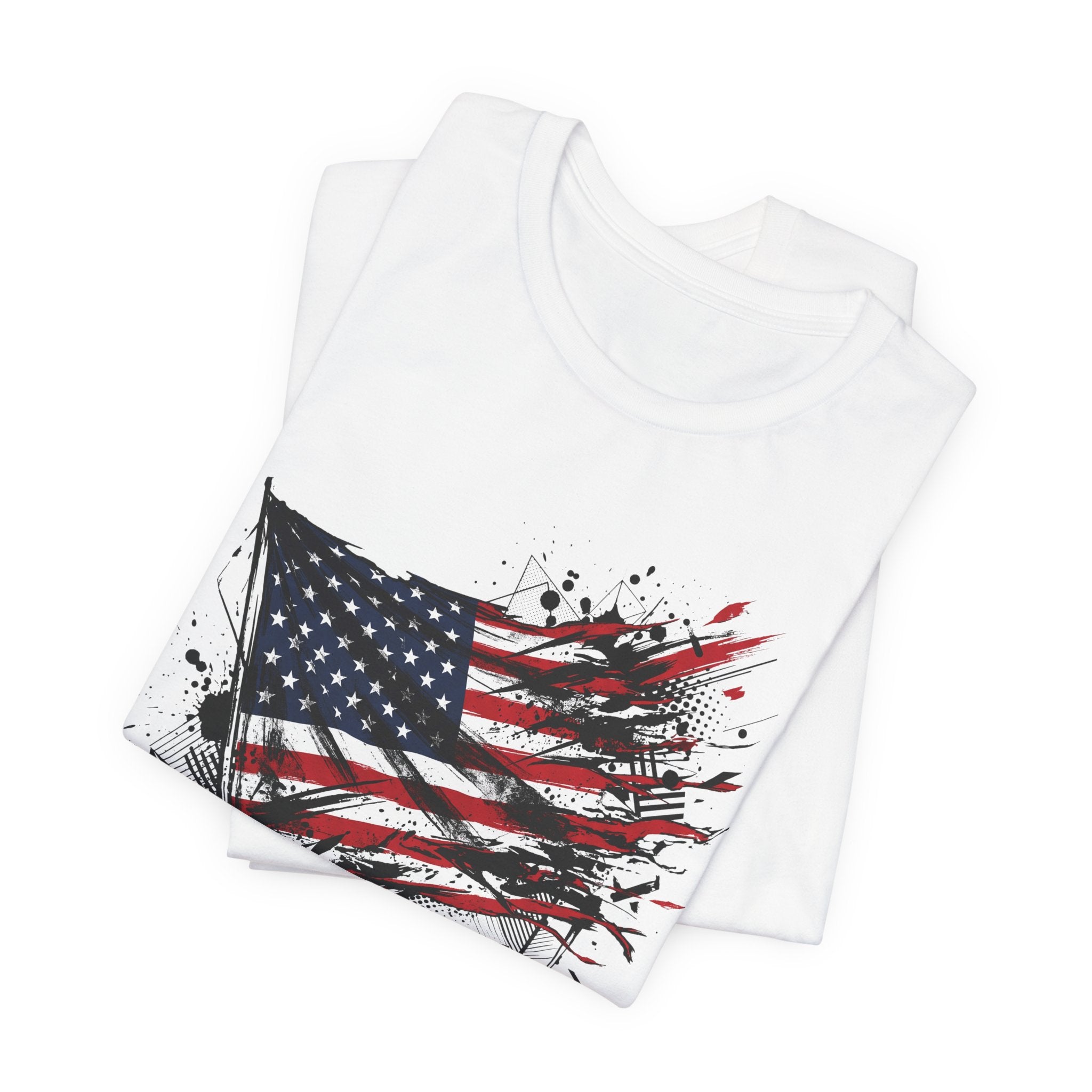 Set of white crew-neck t-shirts with distressed American flag graphic and 'Old Glory'.