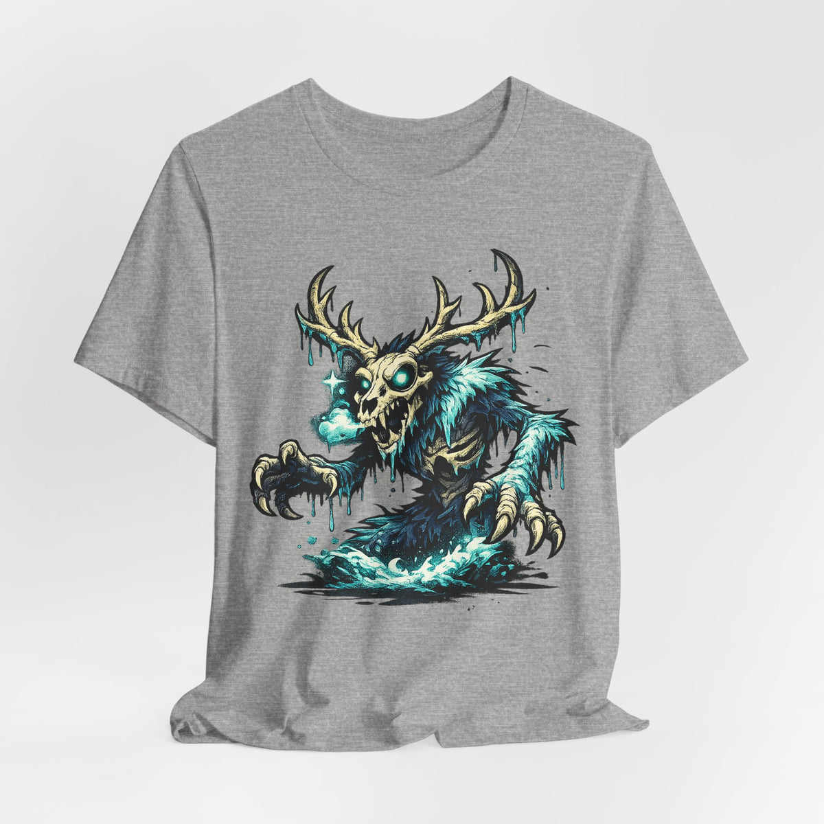 Heather gray crew-neck monster T-shirt with teal deer skull creature artwork on front.