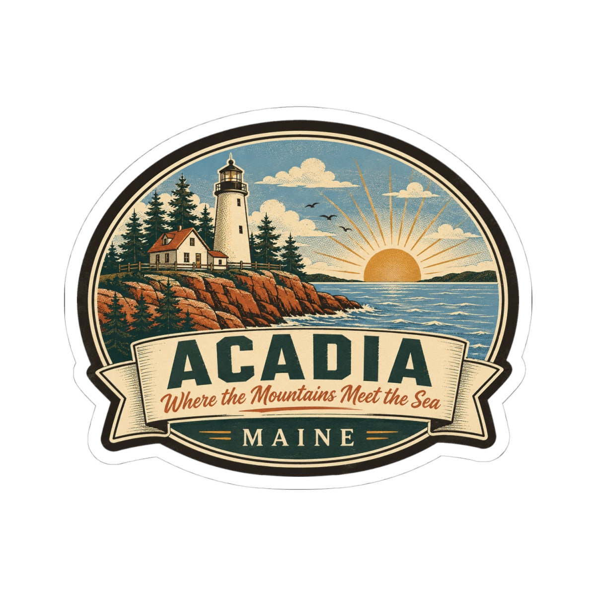 Round Acadia Maine sticker featuring lighthouse, ocean waves, sunrise, and 'MAINE' ribbon.