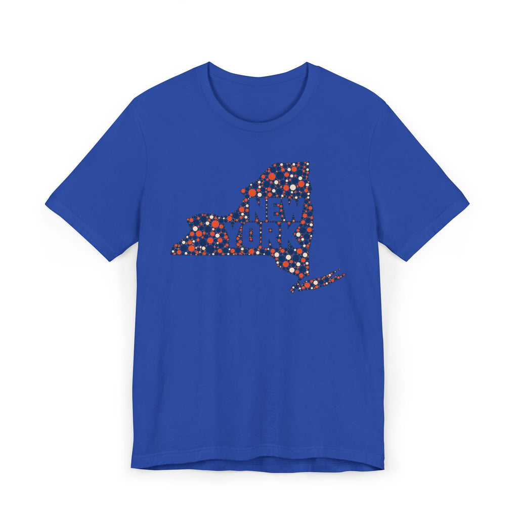 Royal blue T-shirt with colorful dotted New York state outline graphic print