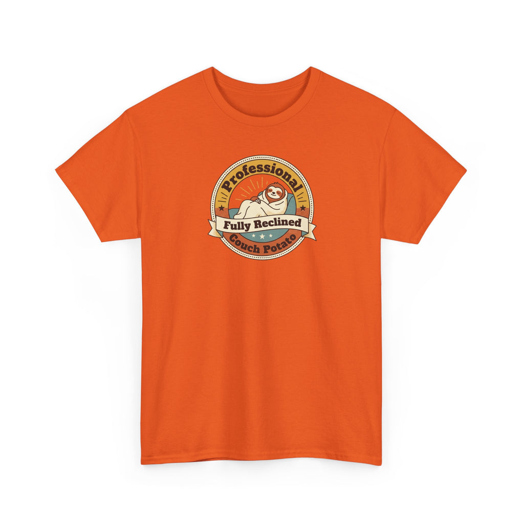 Orange T-shirt with circular logo graphic on the chest