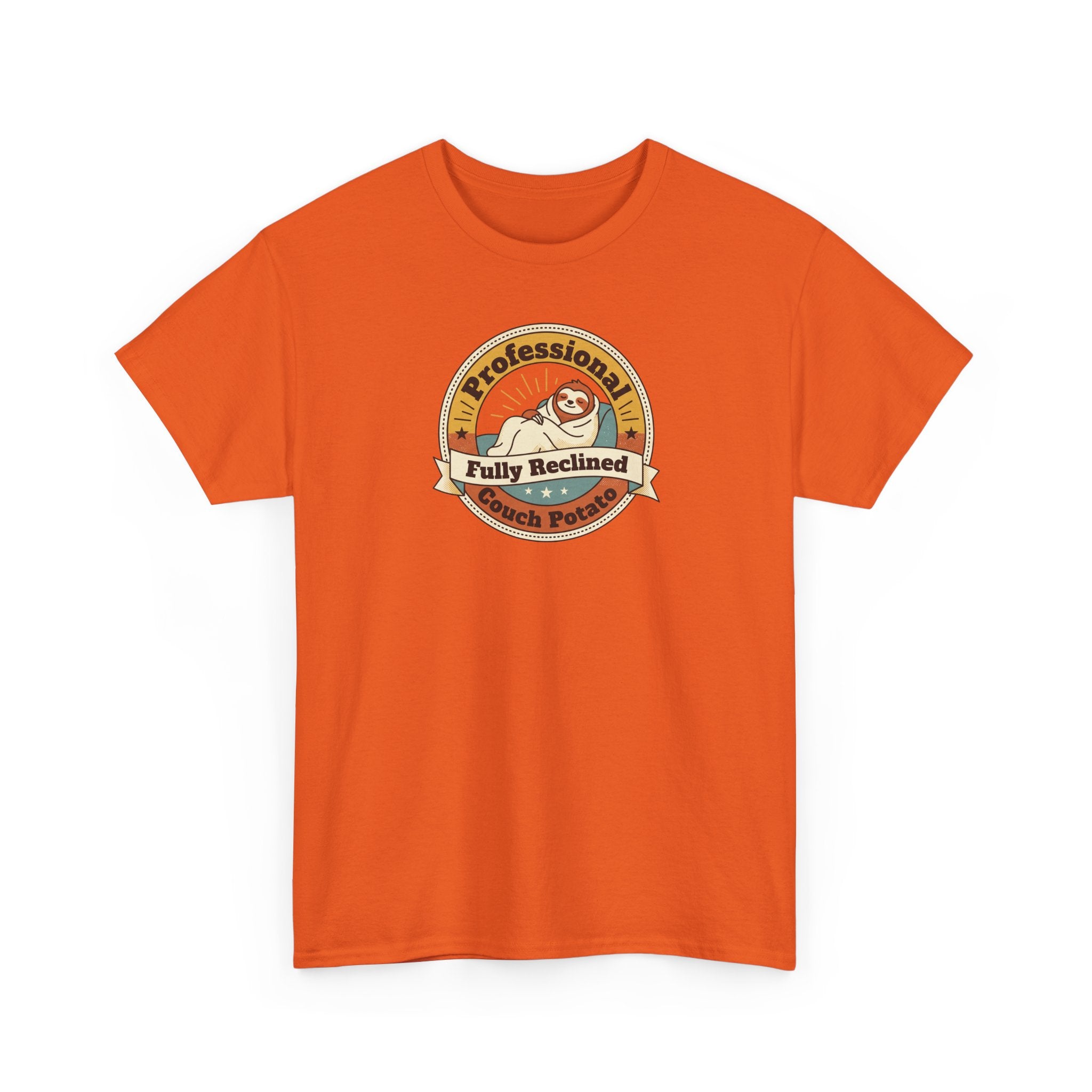 Orange T-shirt with circular logo graphic on the chest
