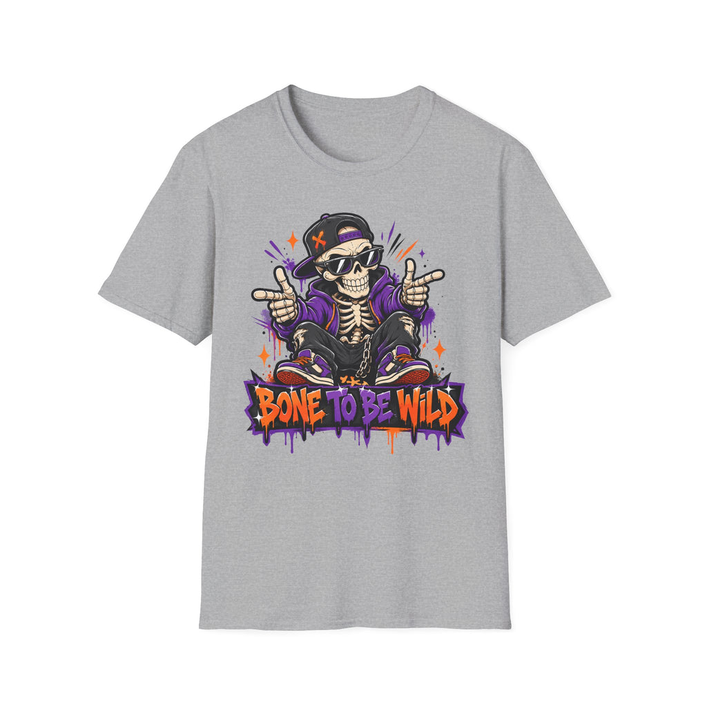 Grey Skeleton DJ T-shirt with skull wearing headphones and purple graphic handsign print