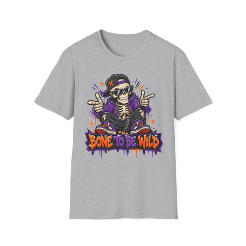 Grey Skeleton DJ T-shirt with skull wearing headphones and purple graphic handsign print