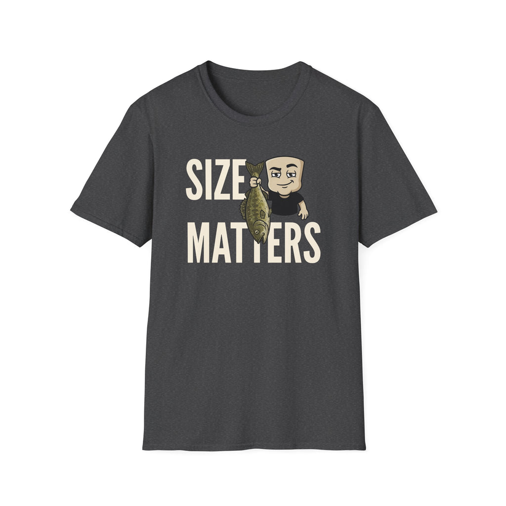 Dark charcoal grey T-shirt with “SIZE MATTERS” graphic of a man holding a fish