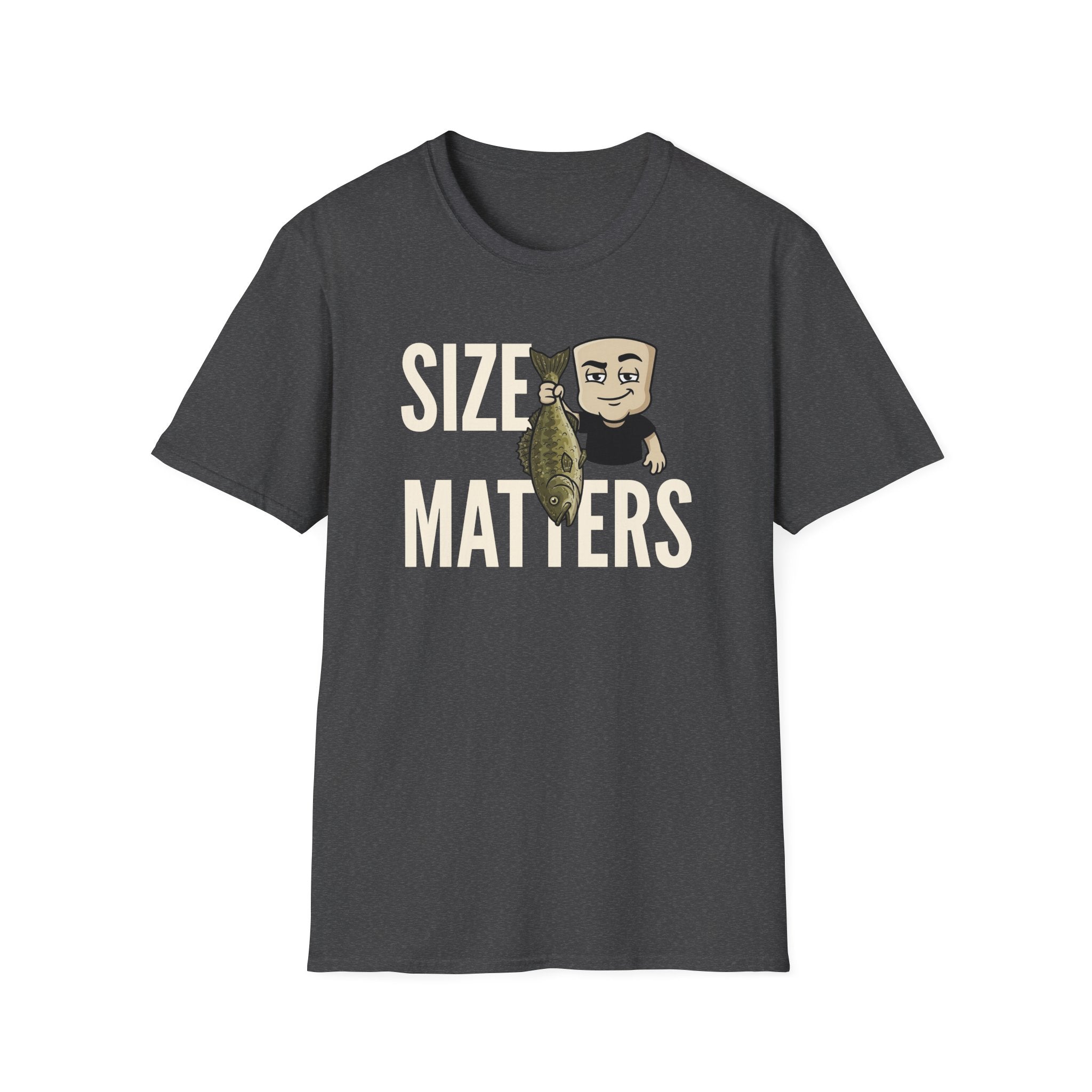 Dark charcoal grey T-shirt with “SIZE MATTERS” graphic of a man holding a fish