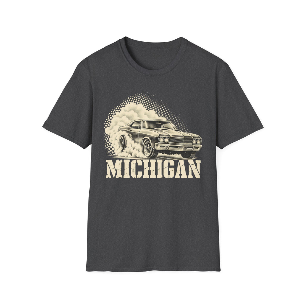 Charcoal gray T-shirt with vintage car graphic and “MICHIGAN” text print