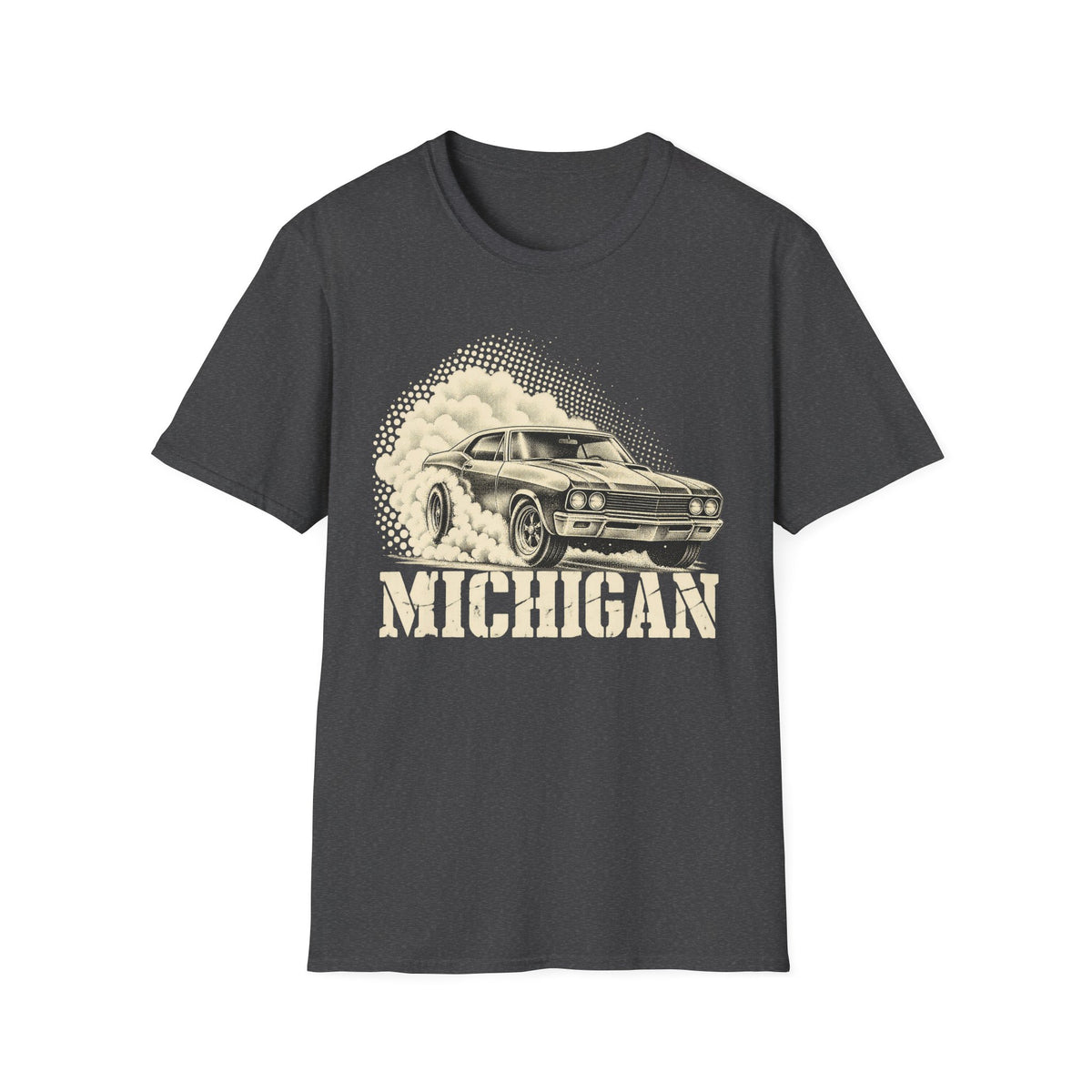 Charcoal gray T-shirt with vintage car graphic and “MICHIGAN” text print