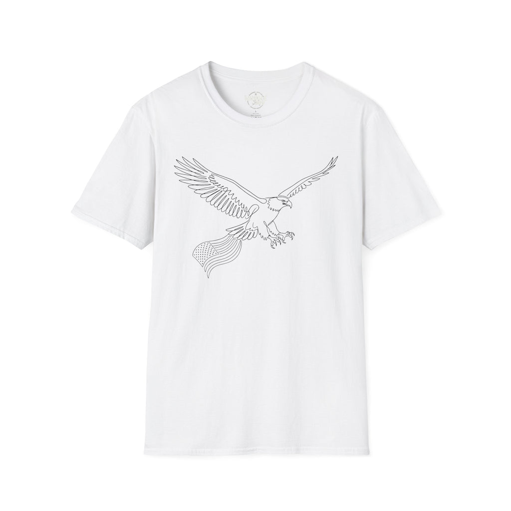 White t-shirt with minimalist soaring eagle line-art outline graphic on front.