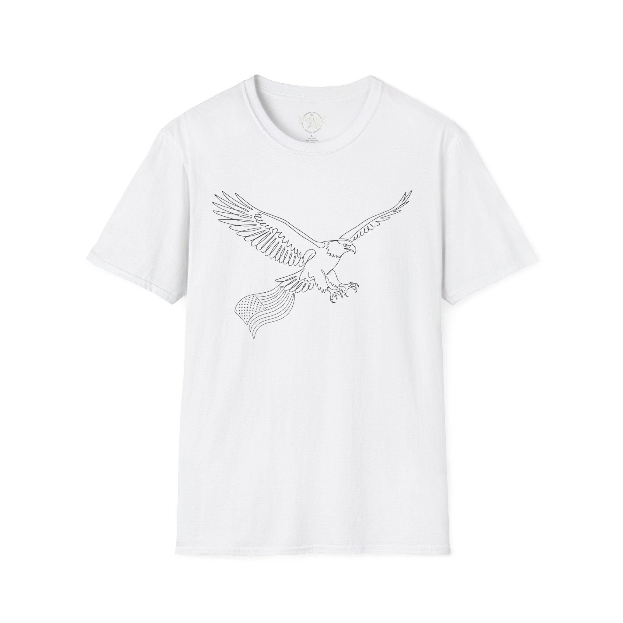 White t-shirt with minimalist soaring eagle line-art outline graphic on front.