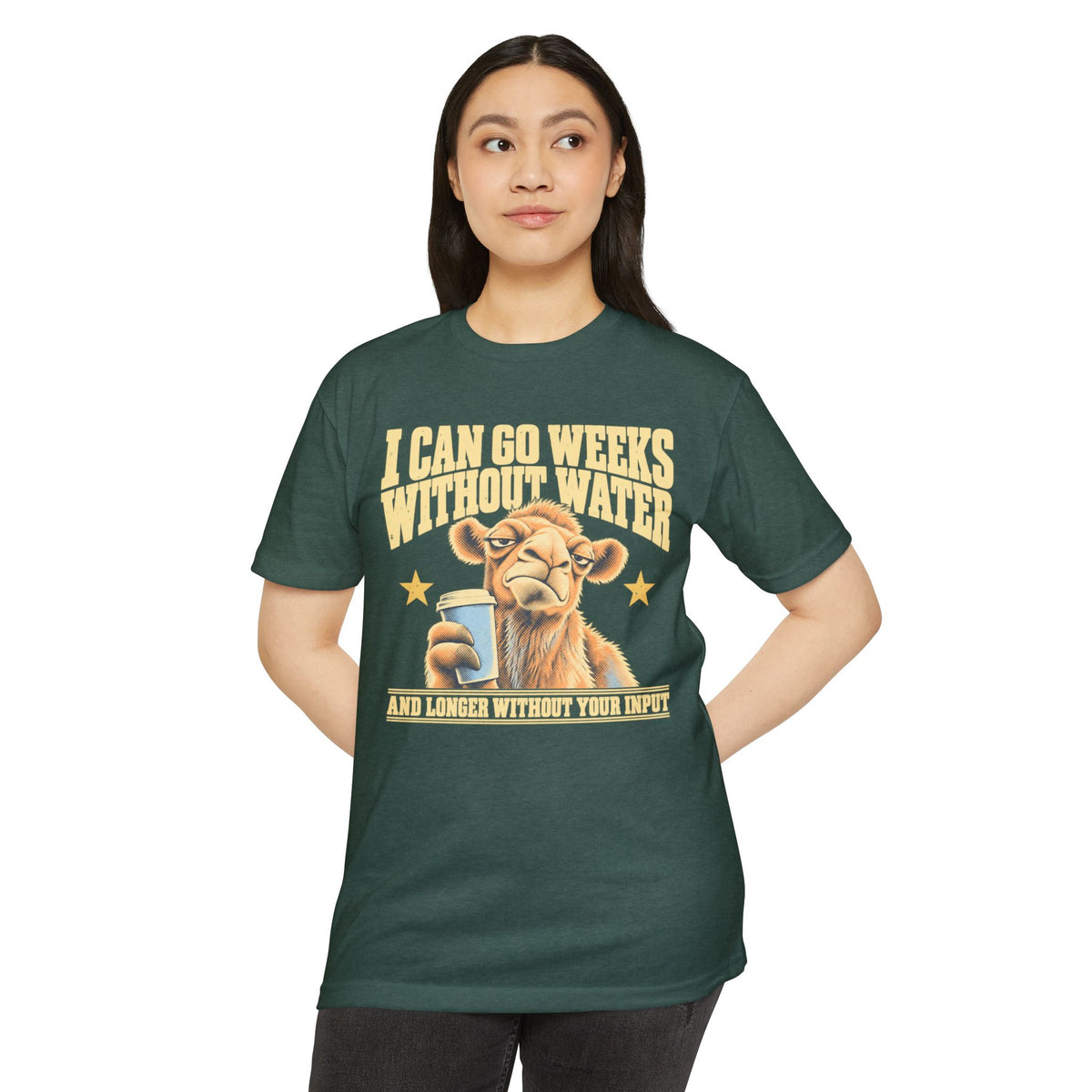 Green crew-neck short-sleeve t-shirt with camel water joke graphic on front