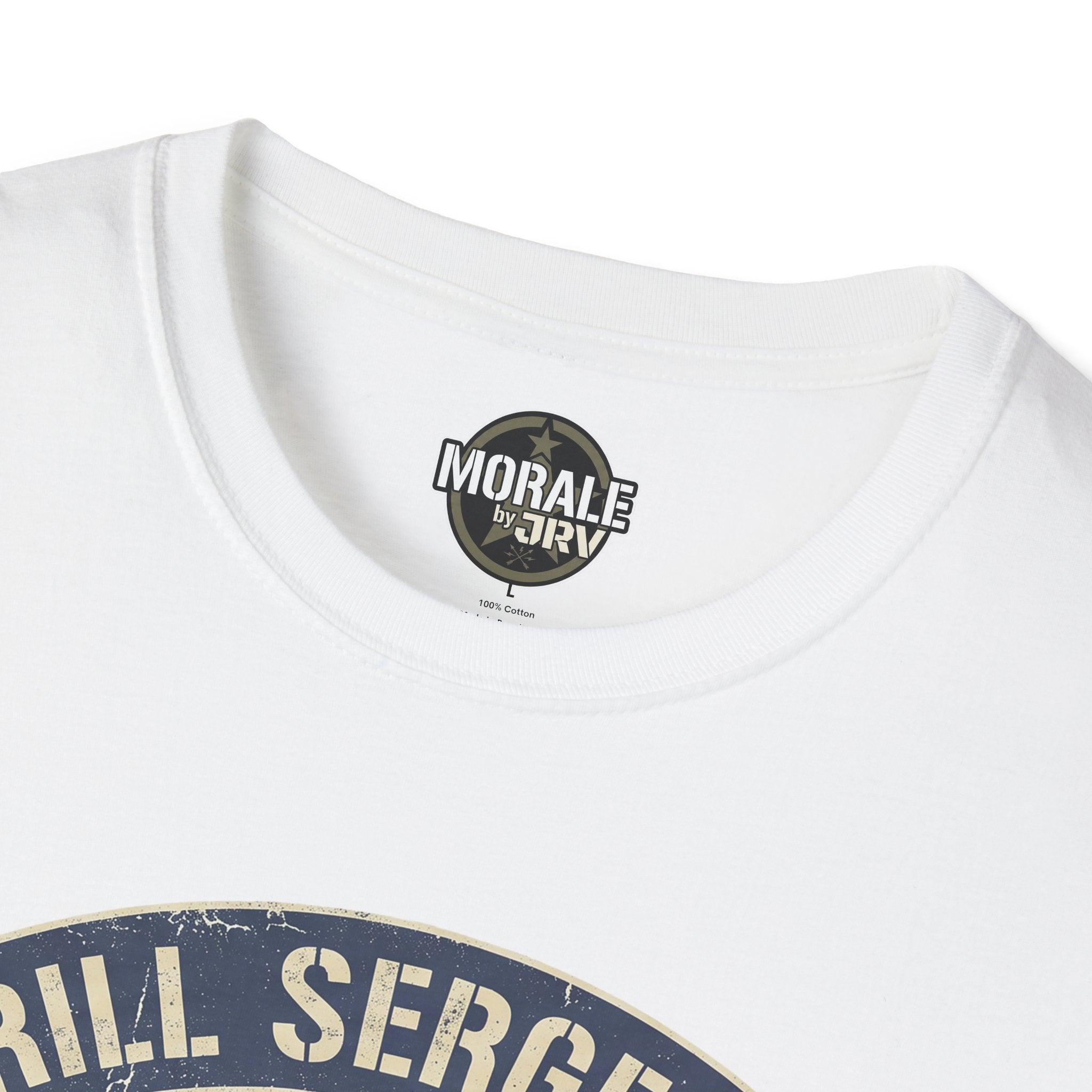 White T-shirt neck close-up with small “Morale by DRV” label and partial emblem