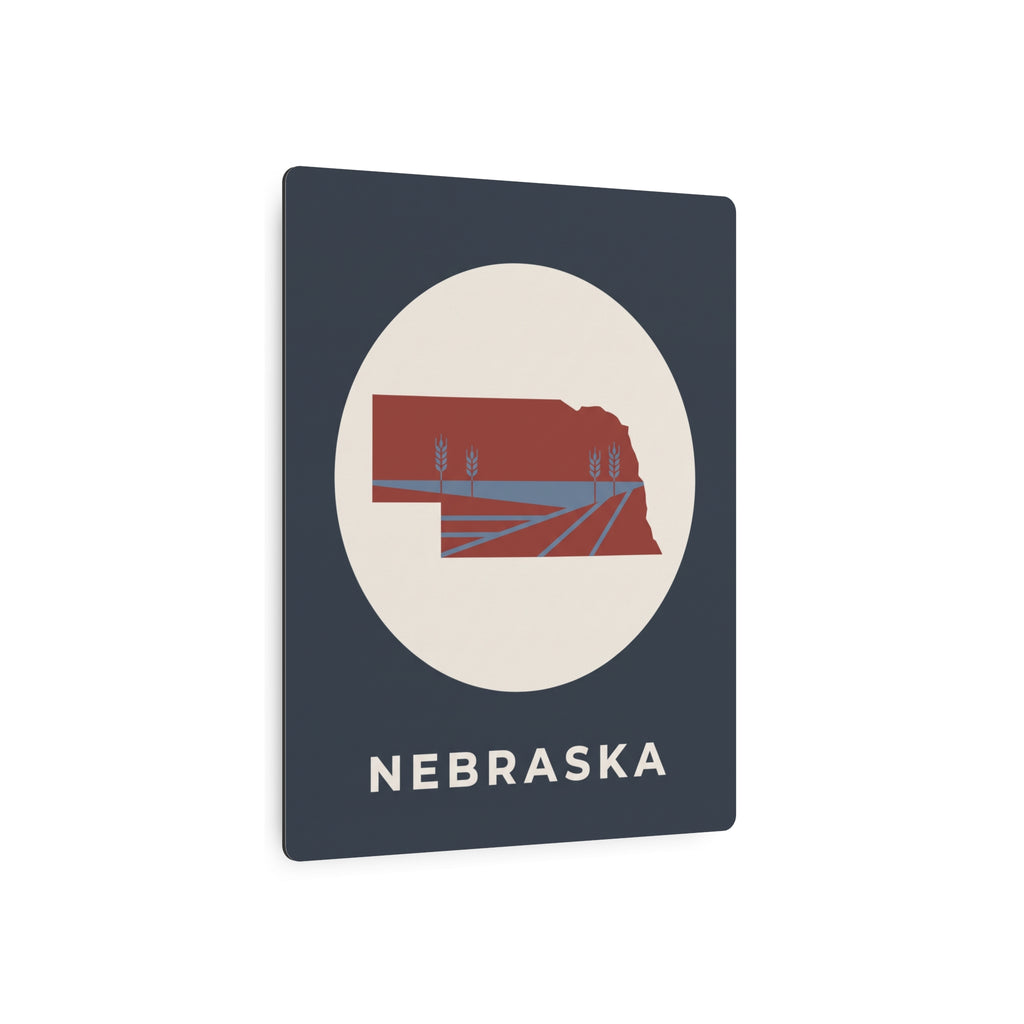 Nebraska state square metal wall sign with circular farm scene and “NEBRASKA” lettering