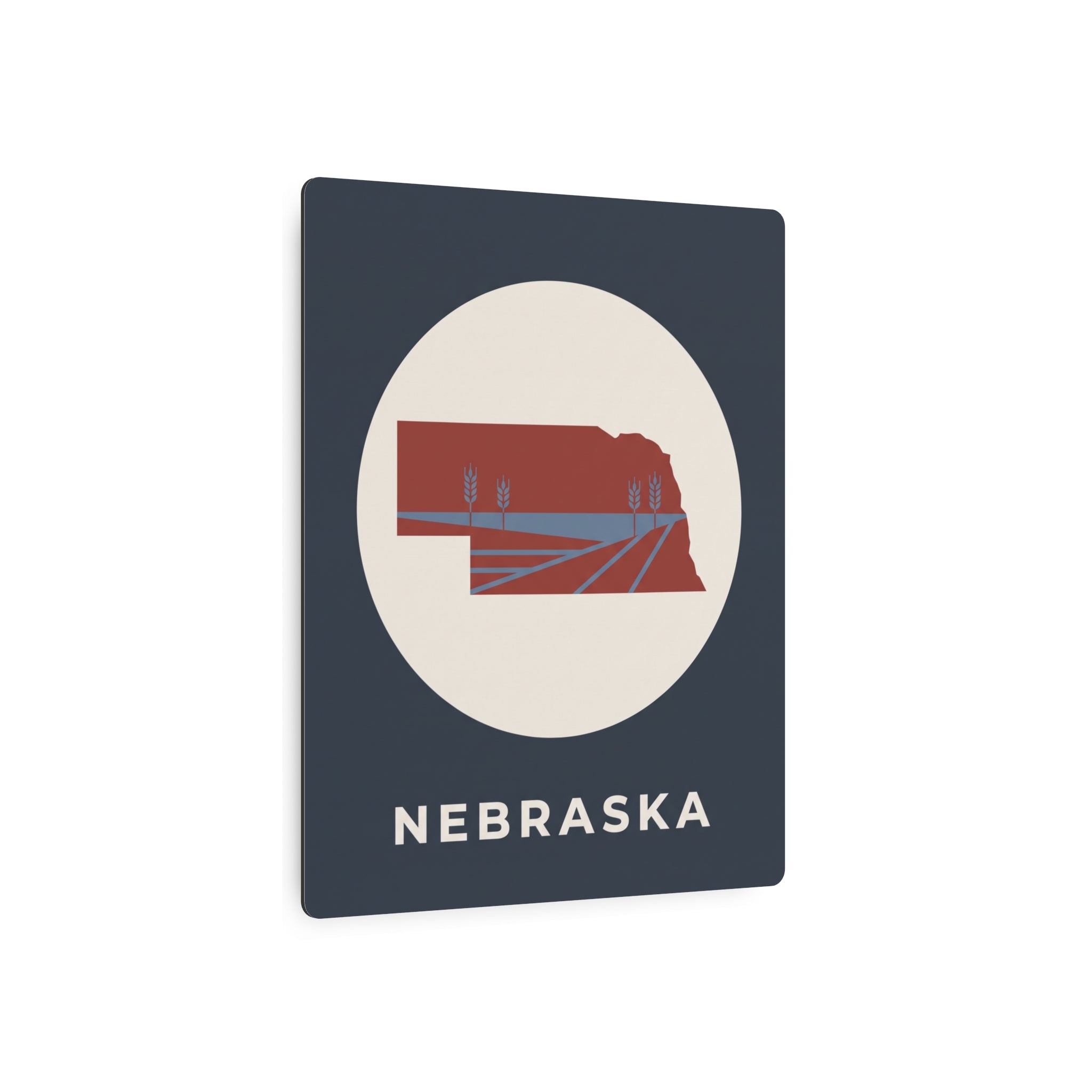 Nebraska state square metal wall sign with circular farm scene and “NEBRASKA” lettering