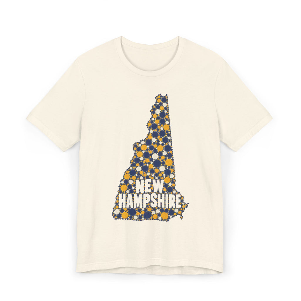 Cream New Hampshire graphic T-shirt with floral dotted state outline and “NEW HAMPSHIRE” text