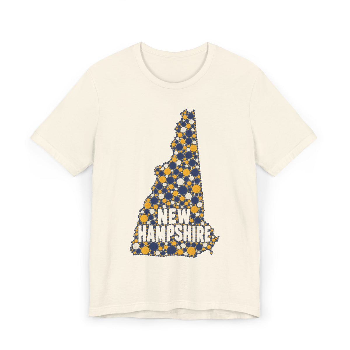 Cream New Hampshire graphic T-shirt with floral dotted state outline and “NEW HAMPSHIRE” text