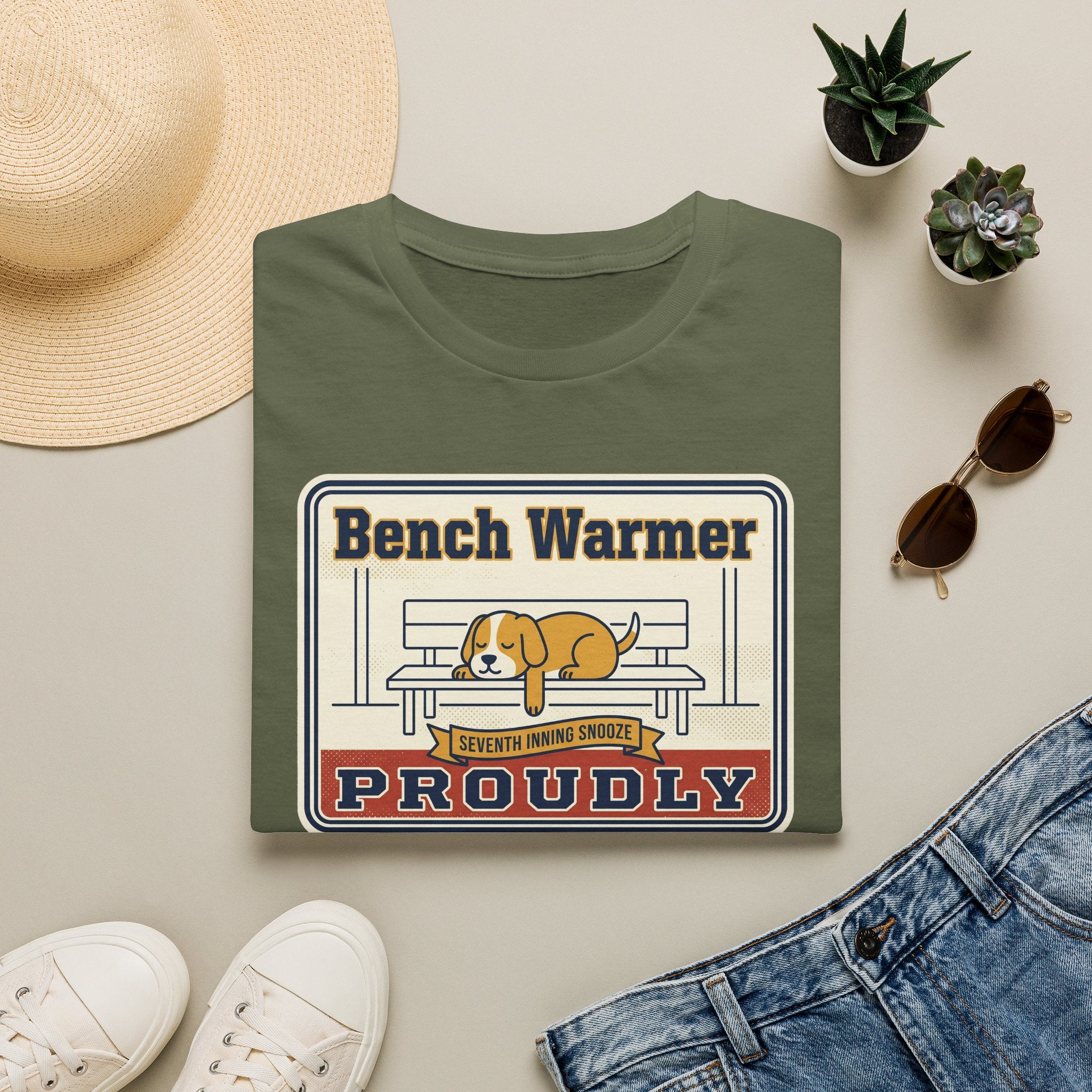 Military green crew-neck t-shirt with 'Bench Warmer Proudly' dog logo