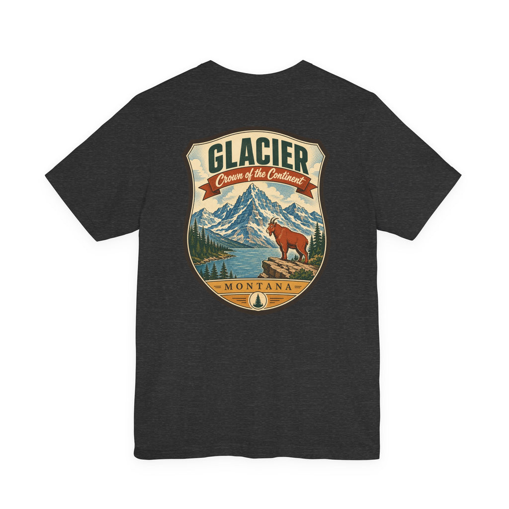 Glacier National Park t-shirt in dark charcoal with large centered mountain and bear graphic