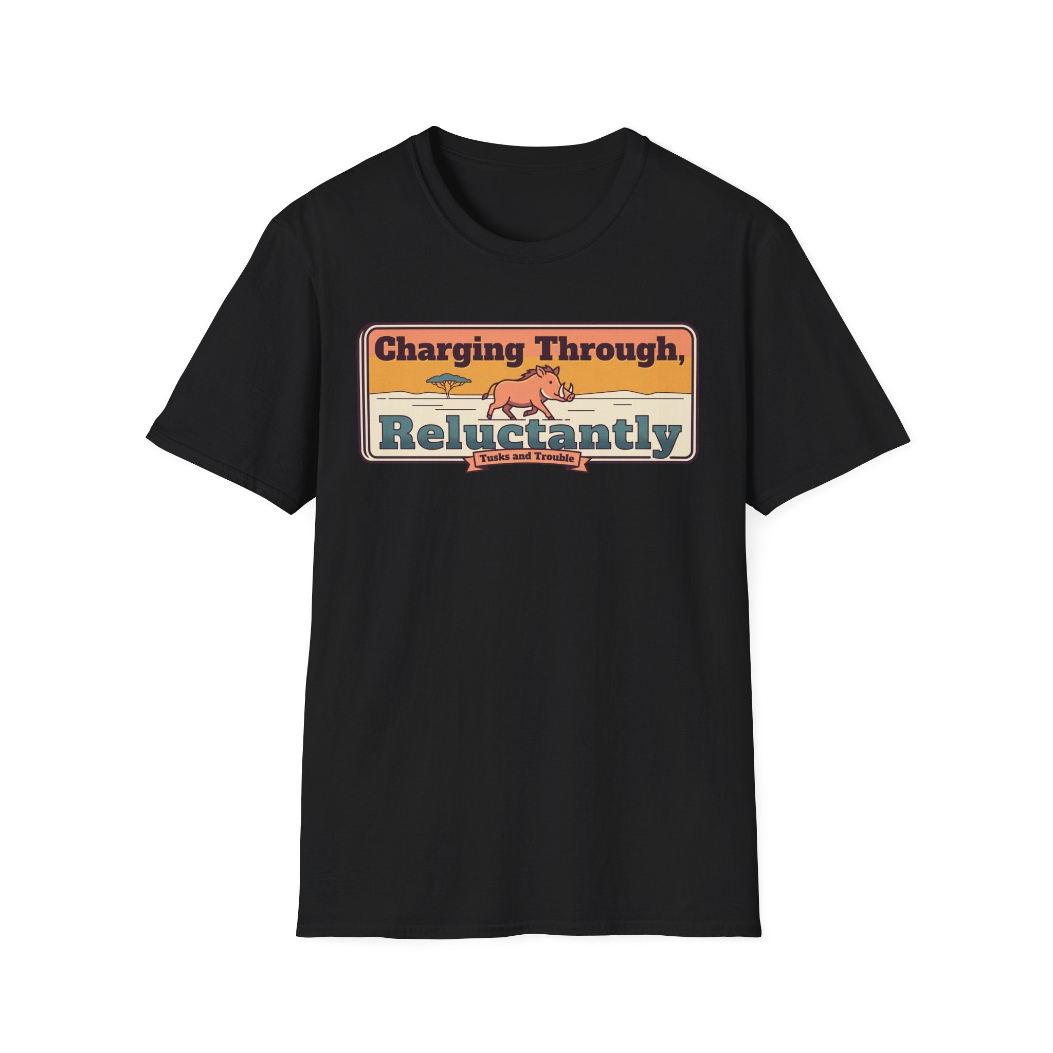 Black crewneck T-shirt with front retro banner rhino graphic