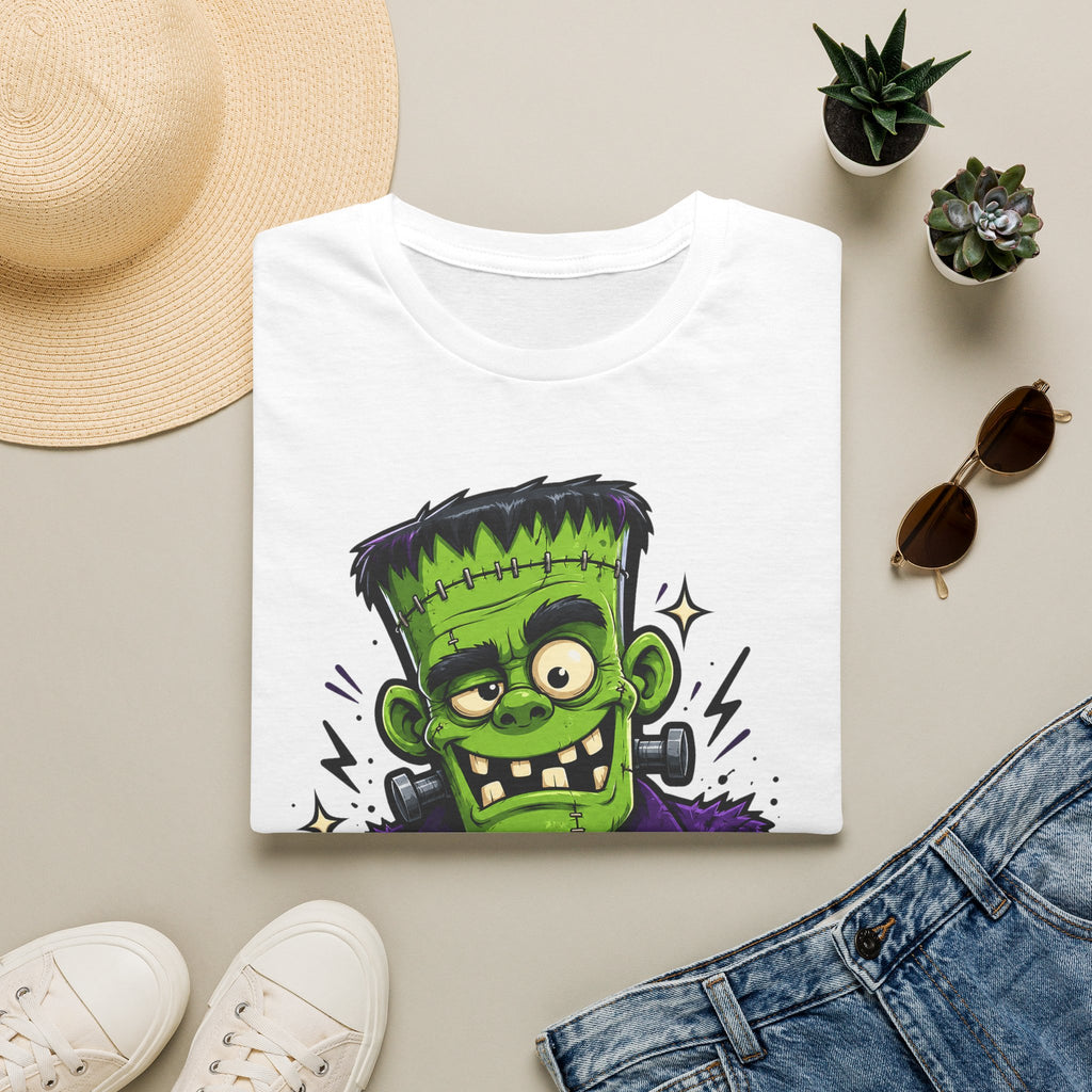 White crew-neck T-shirt with green Frankenstein-style monster graphic and splatter