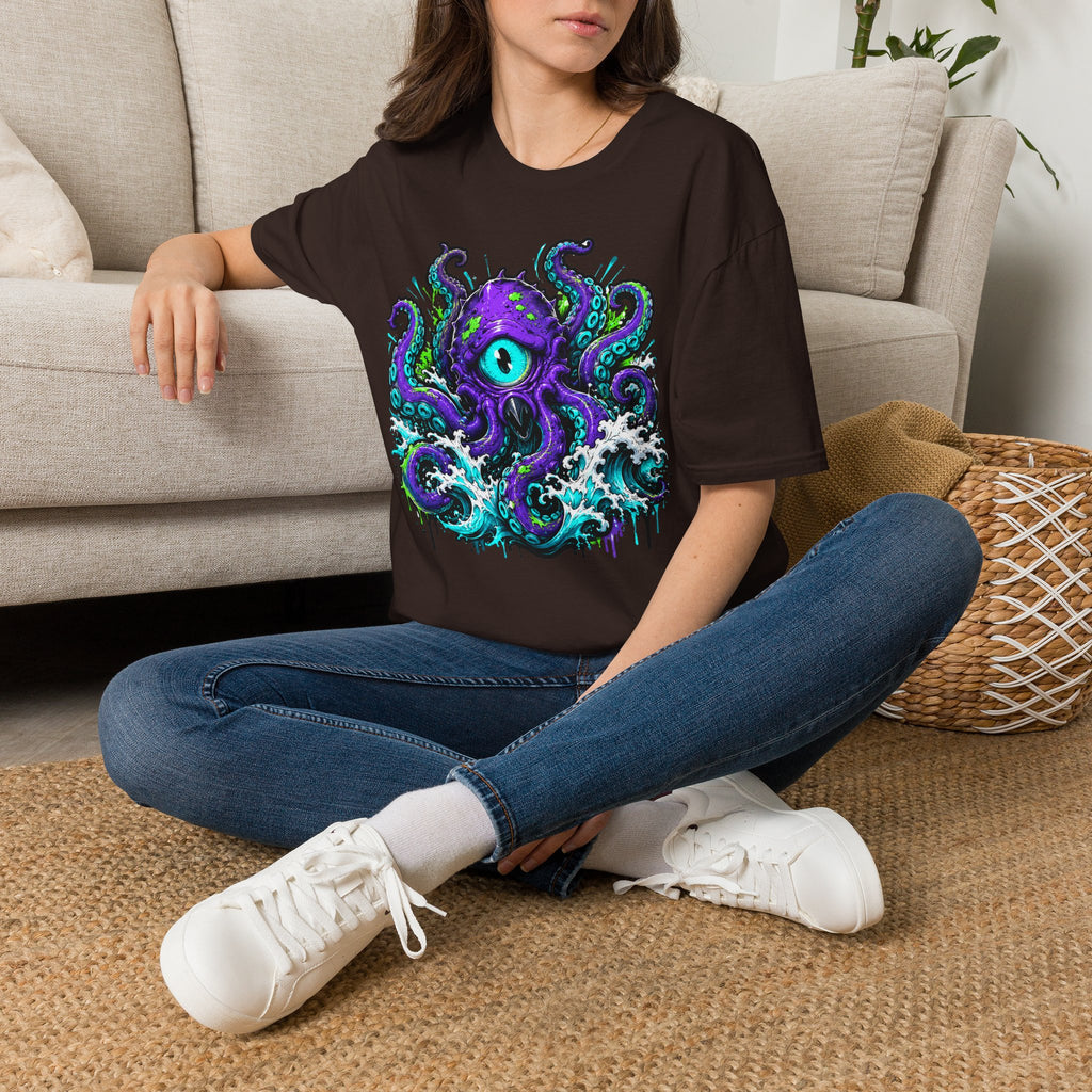 Dark brown crew-neck short-sleeve T-shirt with purple octopus eye graphic