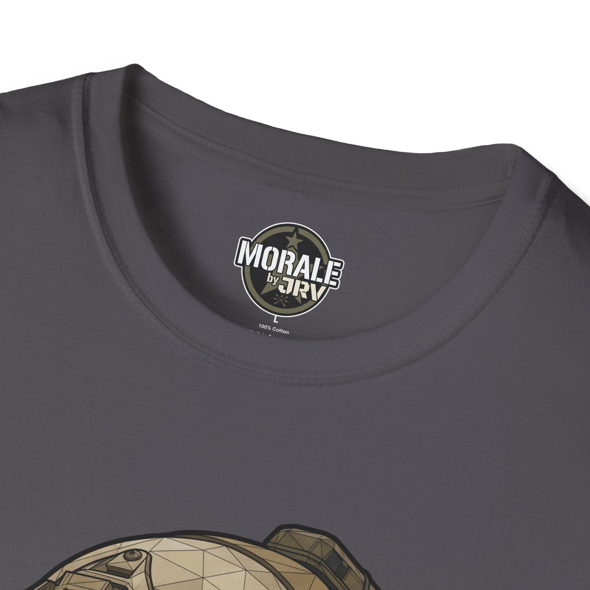 Charcoal tee with small Moral logo at neckline, partial skull-helmet graphic