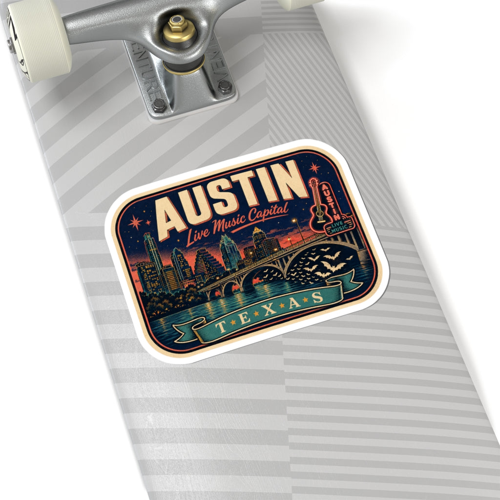 Austin luggage tag sticker on striped luggage, “Live Music Capital” skyline design