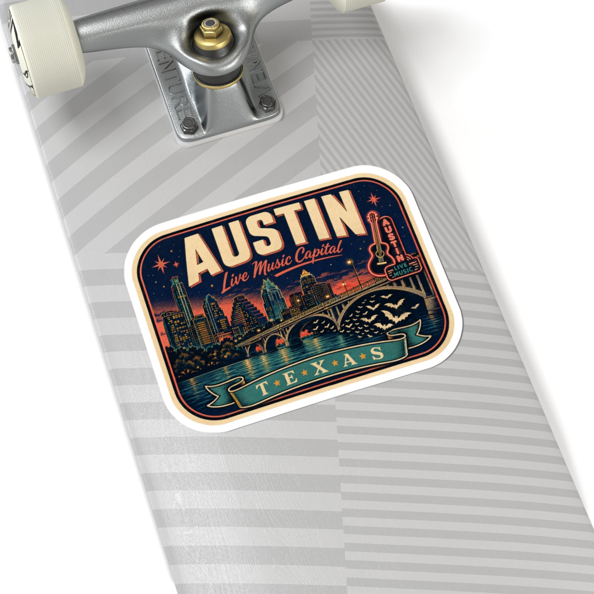 Austin luggage tag sticker on striped luggage, “Live Music Capital” skyline design