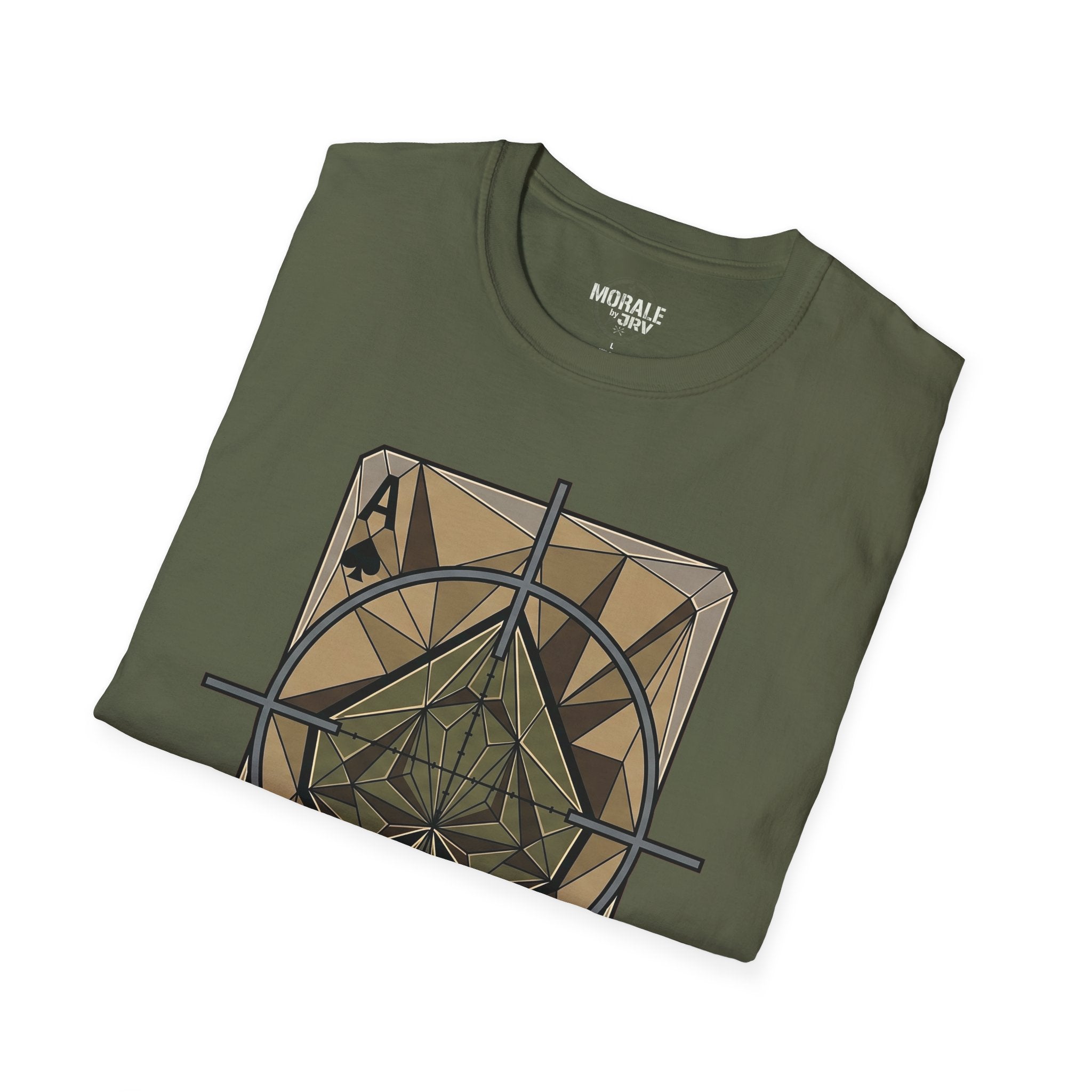 Olive T-shirt with target crosshair and card spade graphic on front