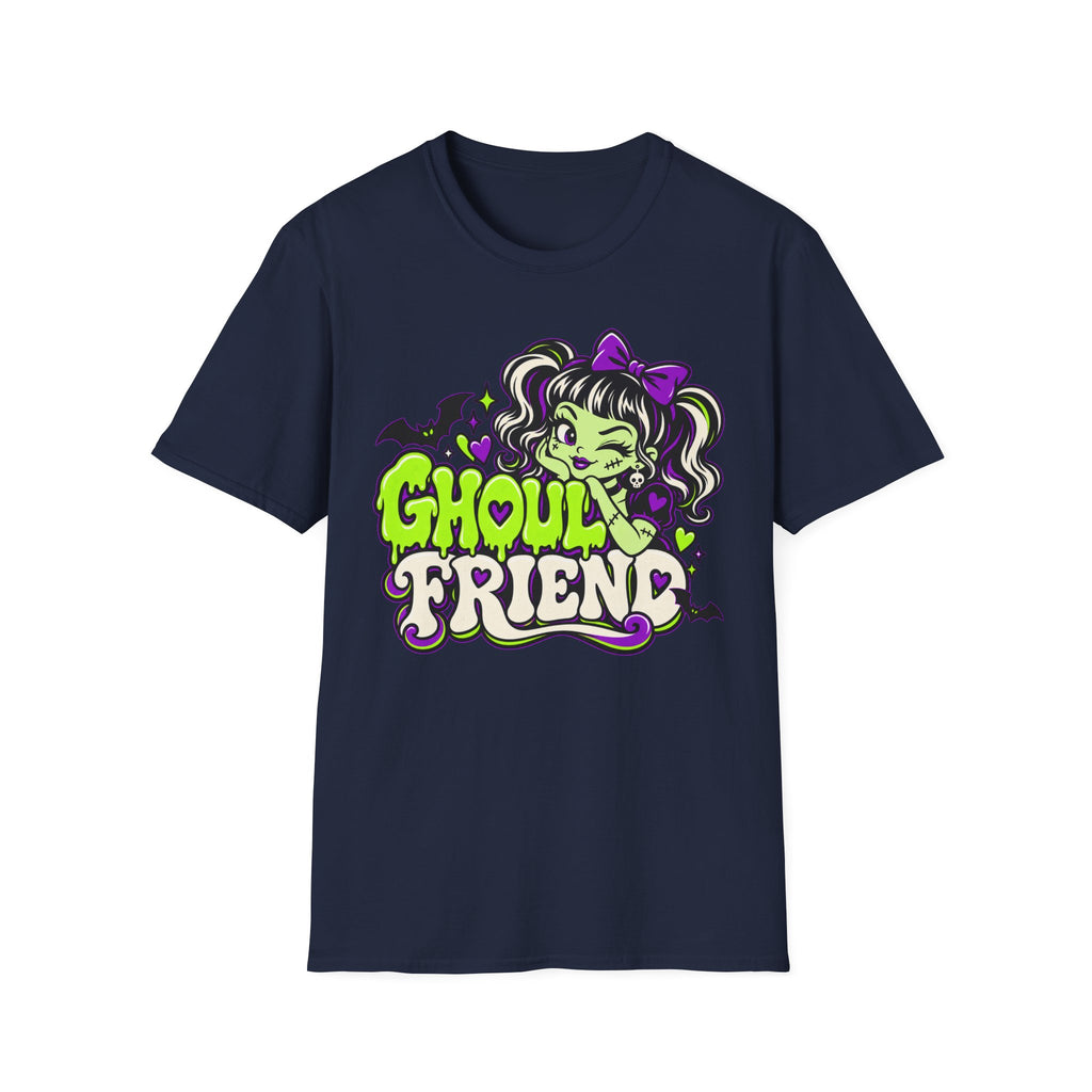 Navy Halloween graphic t-shirt with cute monster girl “Ghoul Friend” logo