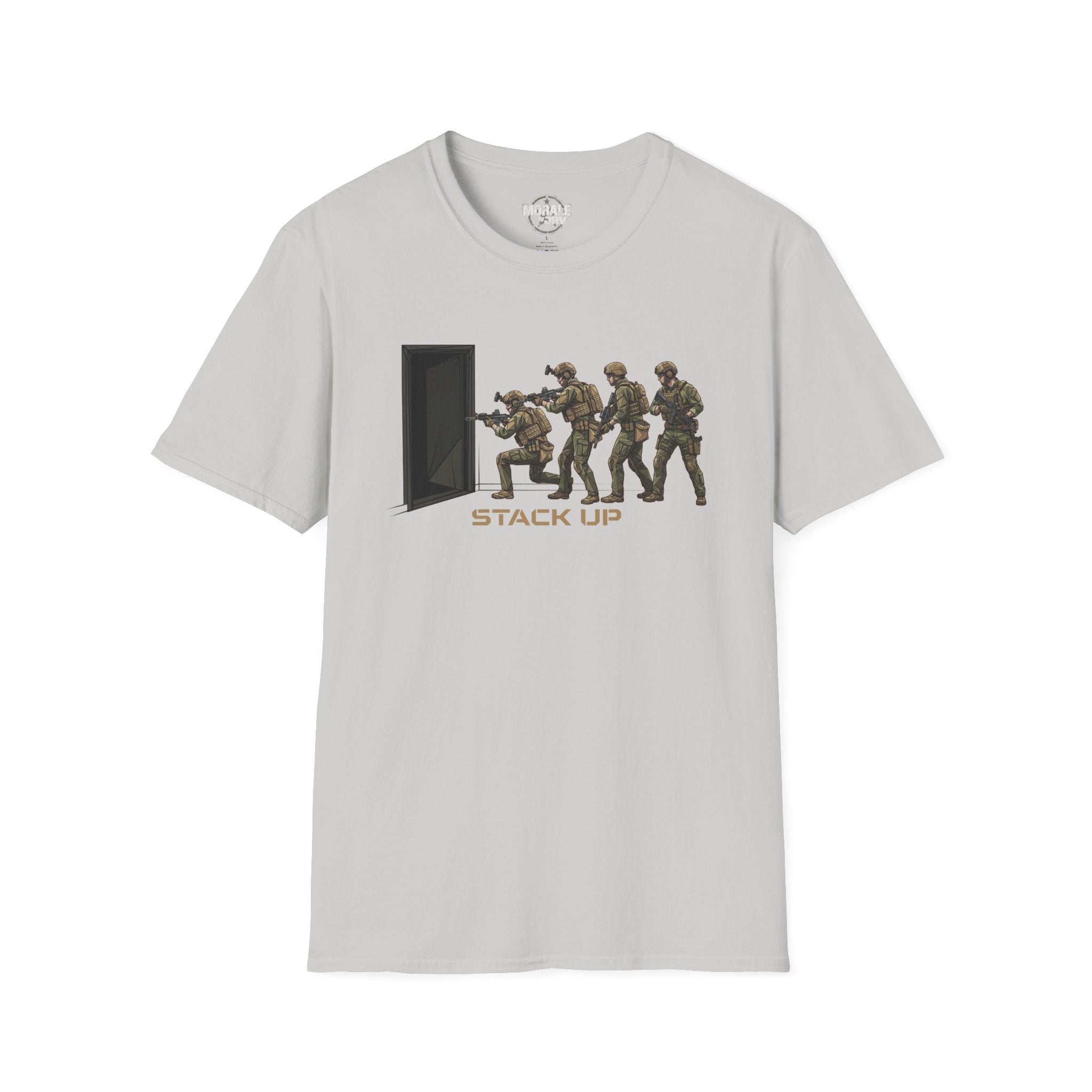 White T-shirt with 'Stack Up' door breach soldier team design