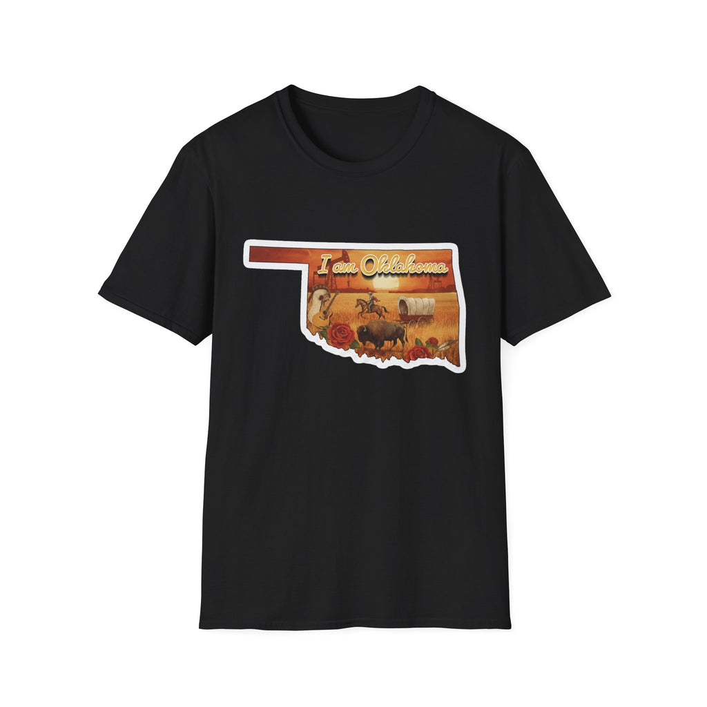 Black T-shirt with Oklahoma silhouette and cowboy scene graphic