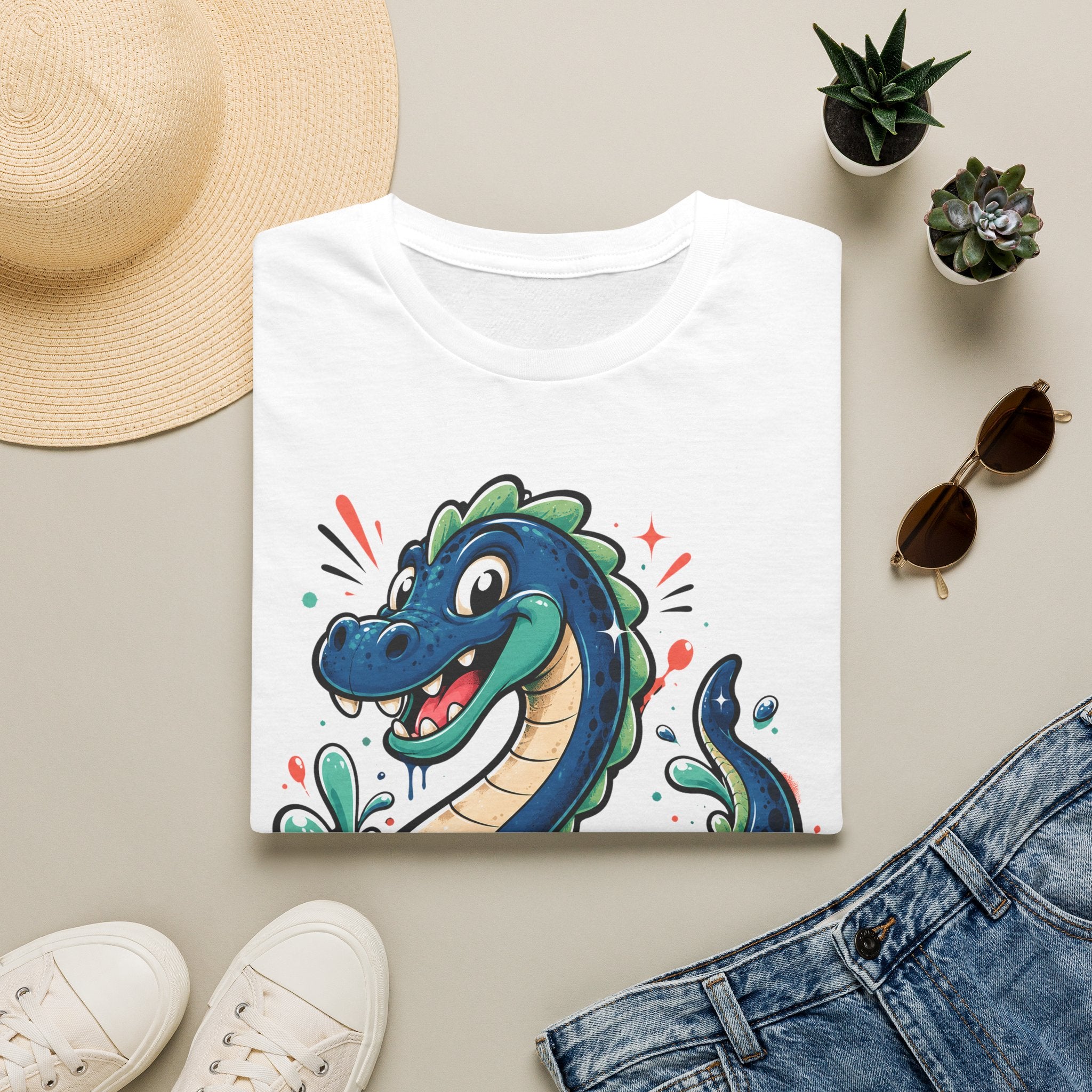 White sea serpent graphic T-shirt with cartoon lake monster face on front