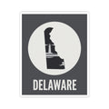 Delaware state silhouette vinyl decal, black square with white outline, DELAWARE text below