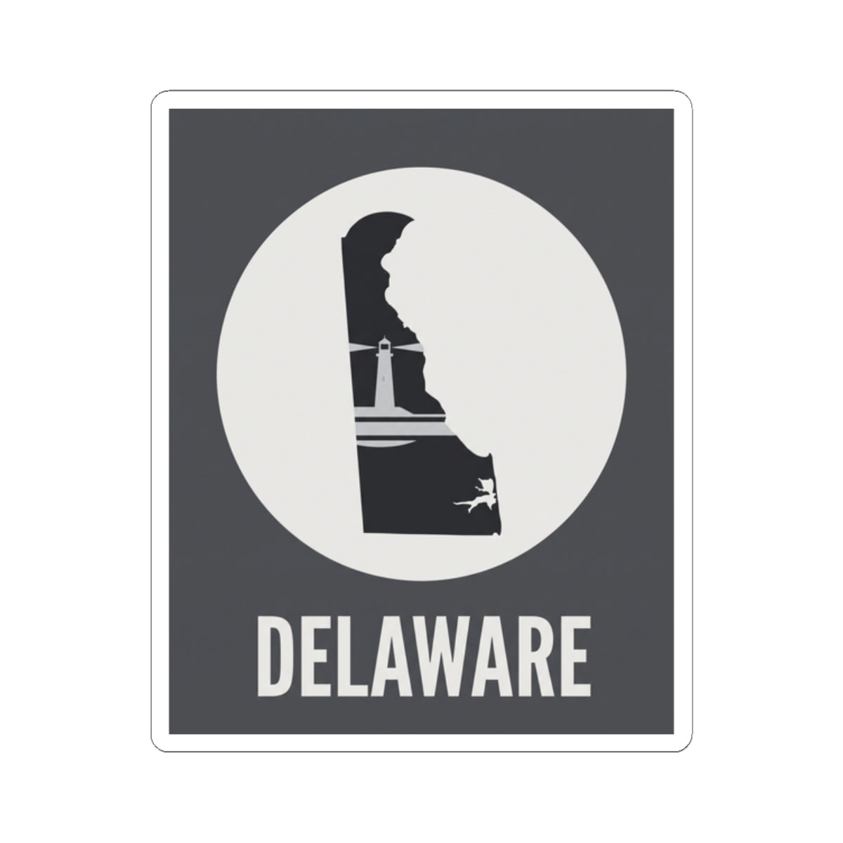 Delaware state silhouette vinyl decal, black square with white outline, DELAWARE text below