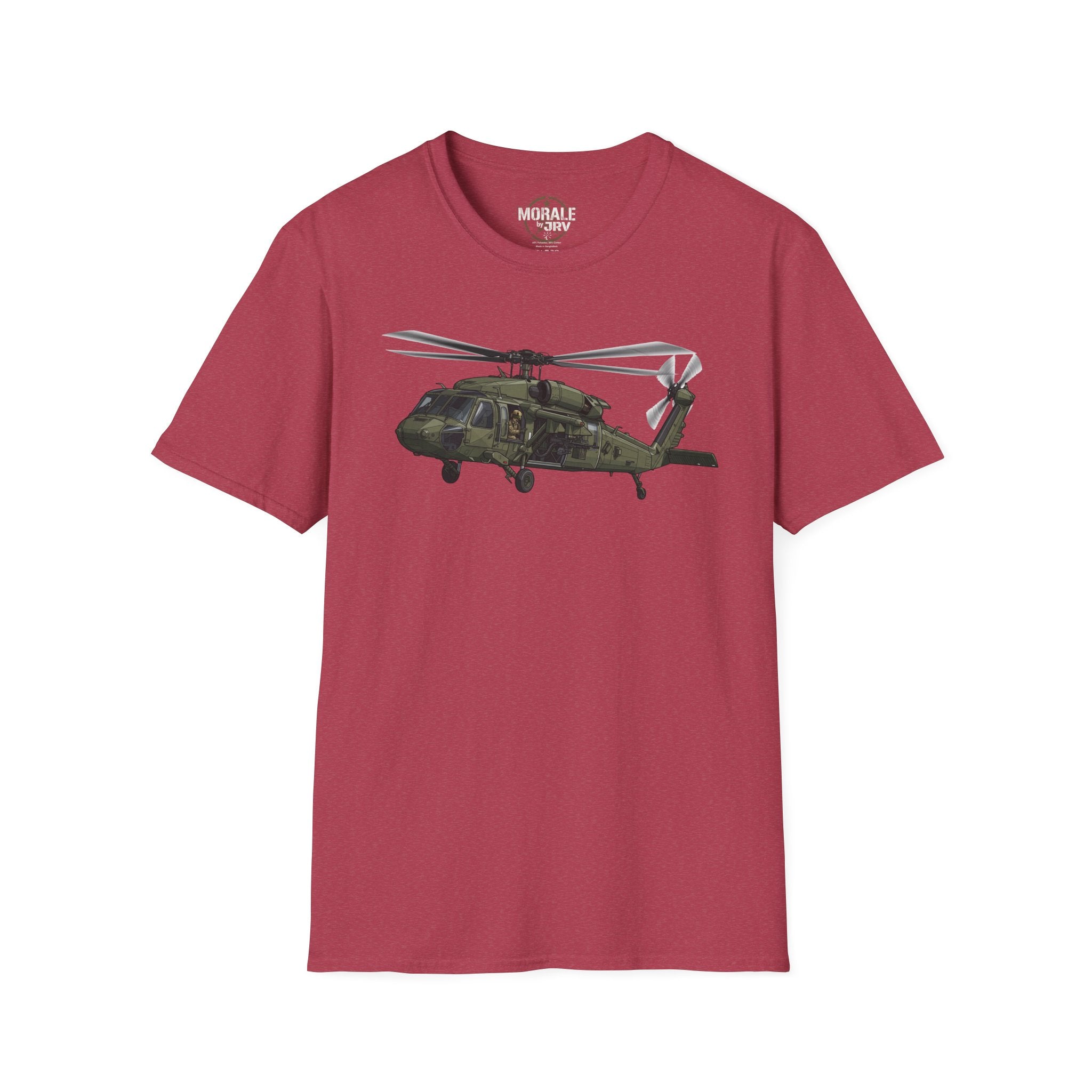 Military Black Hawk helicopter graphic T-shirt, maroon