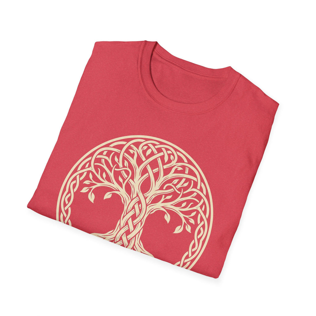 Celtic Tree of Life T‑shirt in Heather Red, large circular knotwork tree print