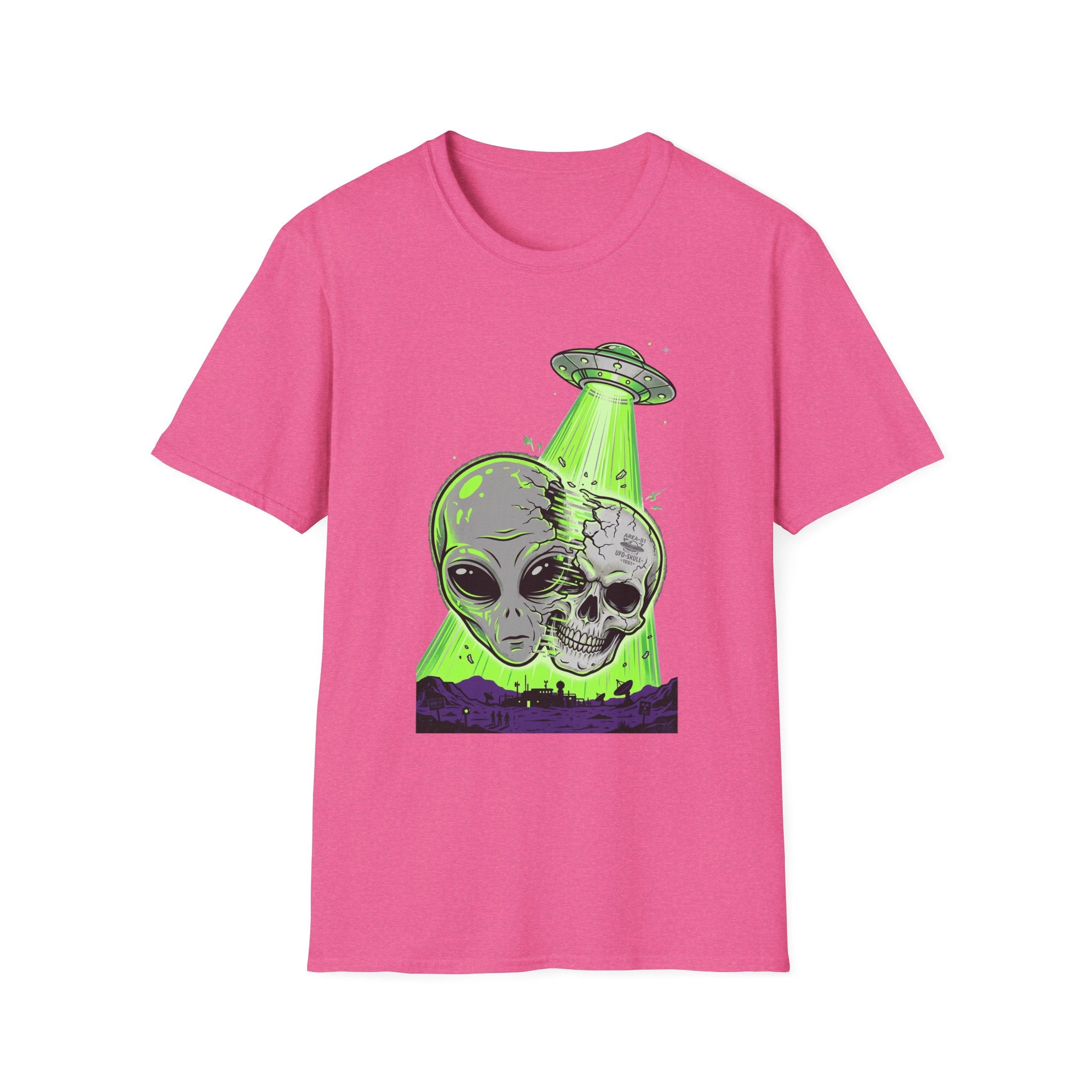 Alien & Skull T-Shirt, UFO tractor beam skull graphic on pink tee