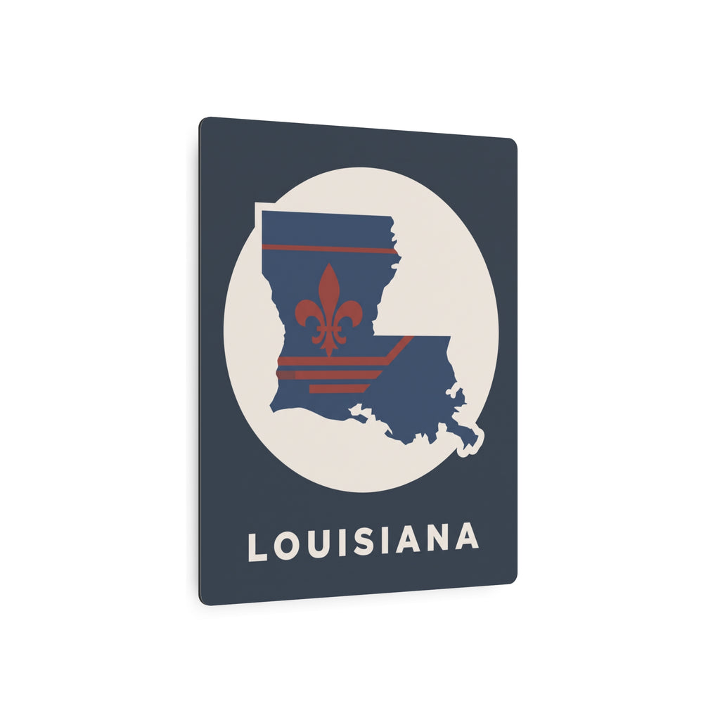 Louisiana metal art sign with navy map, red fleur-de-lis, and white circular backdrop