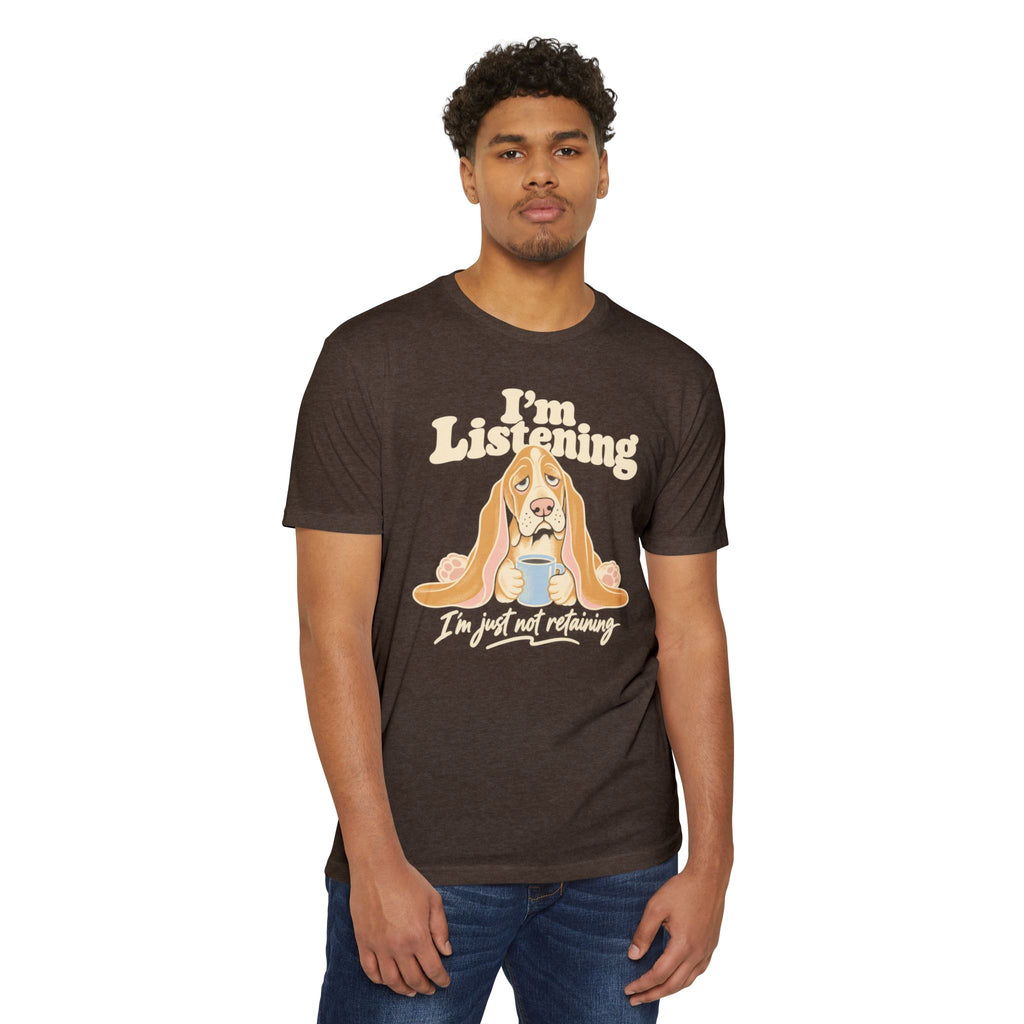 Basset hound T-shirt in brown with “I'm Listening” basset graphic on front