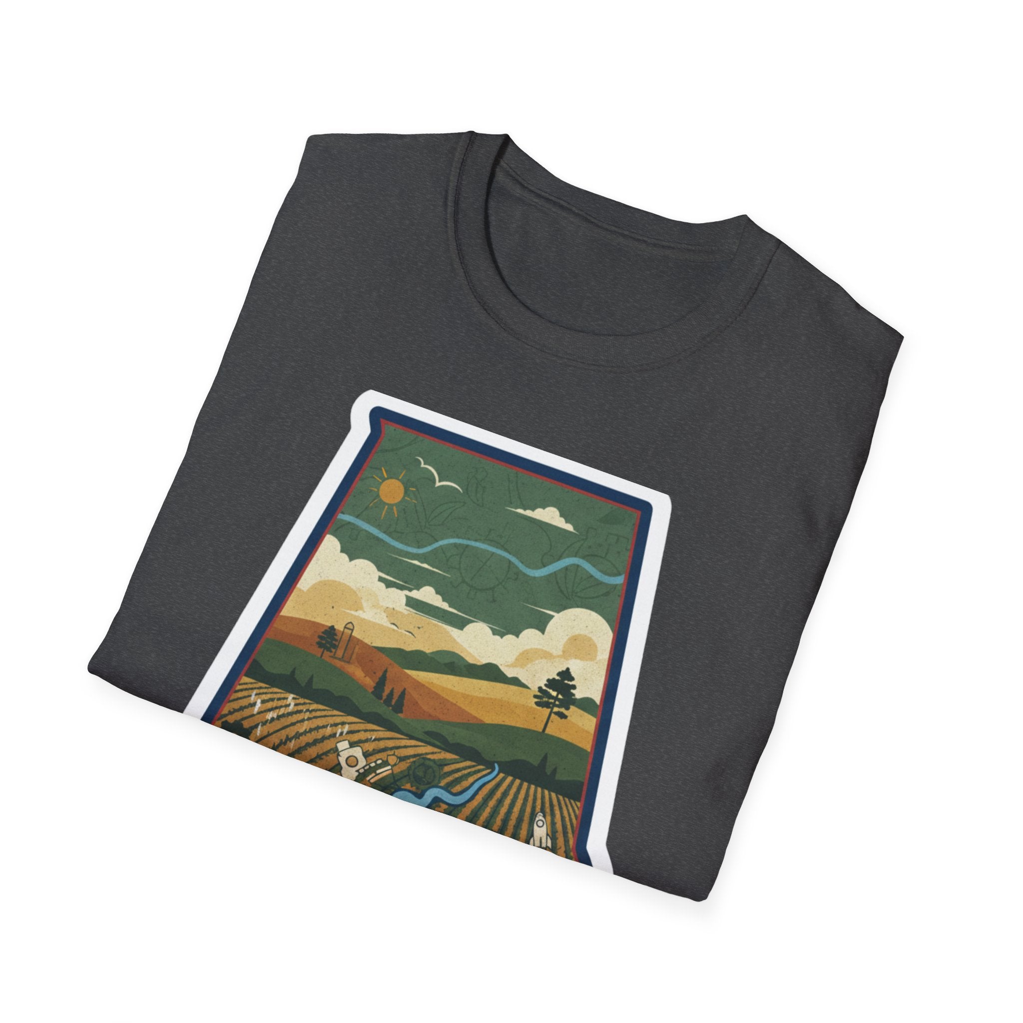 Heather blue T-shirt crew neck with the edge of the Alabama landscape graphic