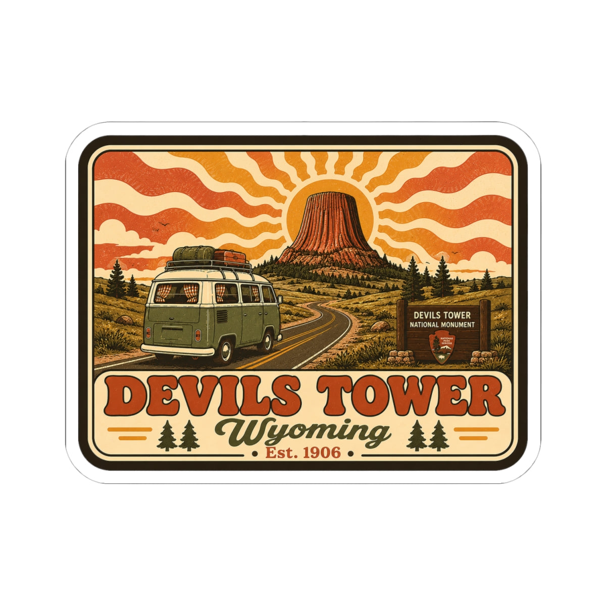 Kiss-cut sticker showing green camper van beside Devil’s Tower with “Wyoming” title