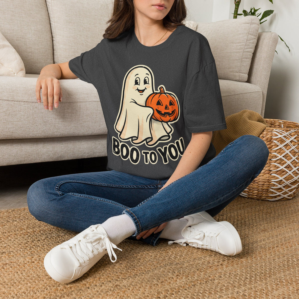 Dark heather Halloween ghost graphic T-shirt, ghost holding orange jack-o’-lantern