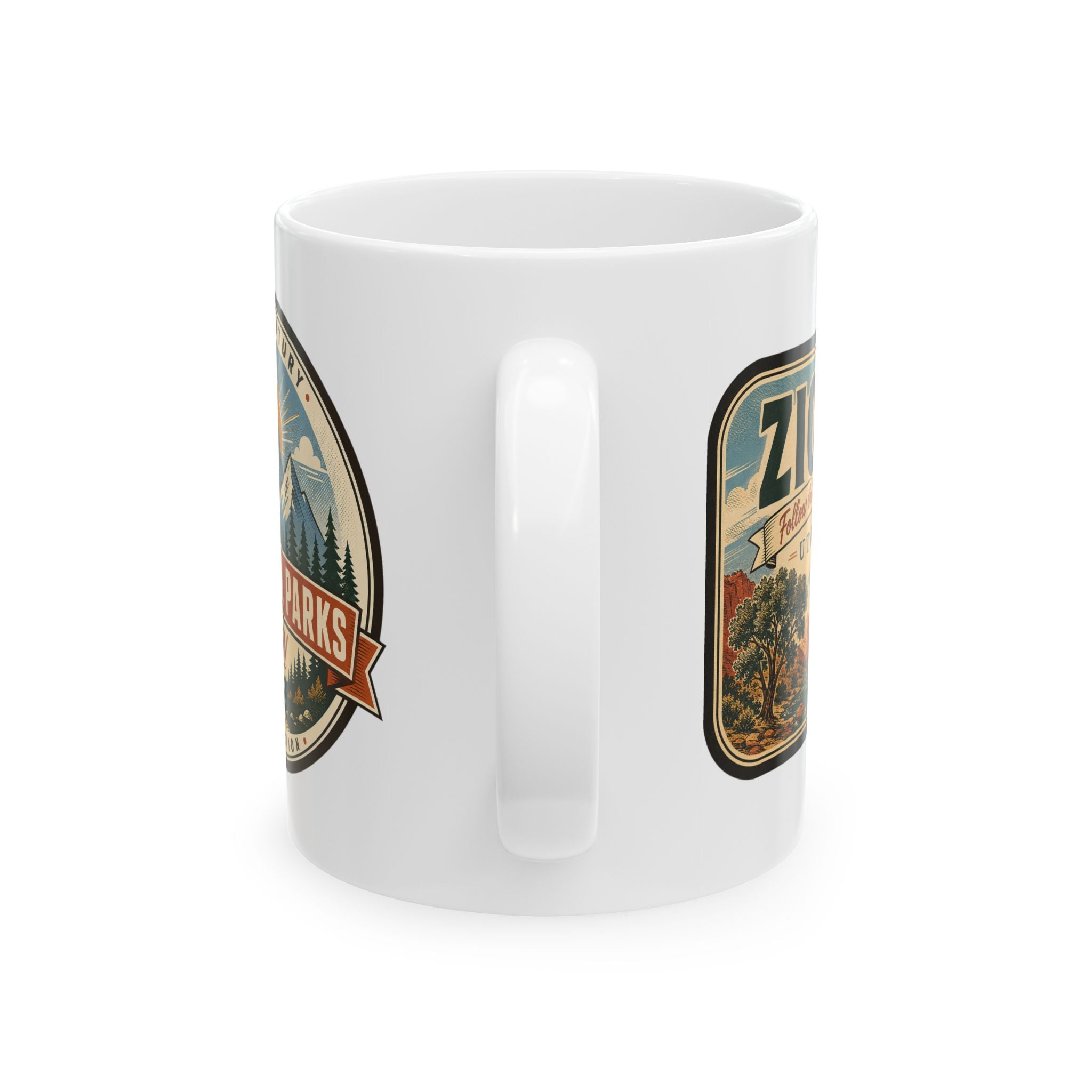 White ceramic mug with two side landscape badges and visible handle