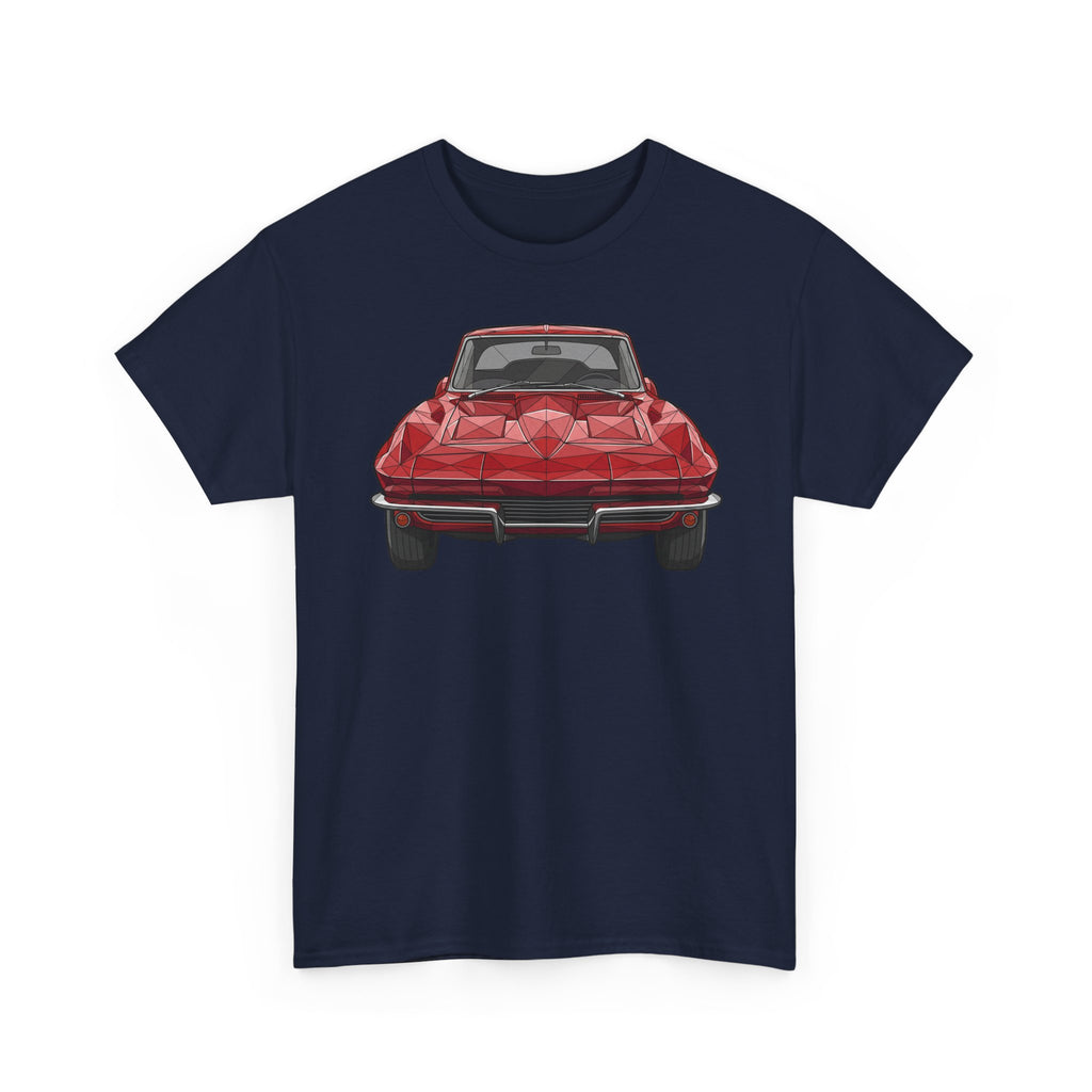 Navy T-shirt with red sports coupe graphic on the front