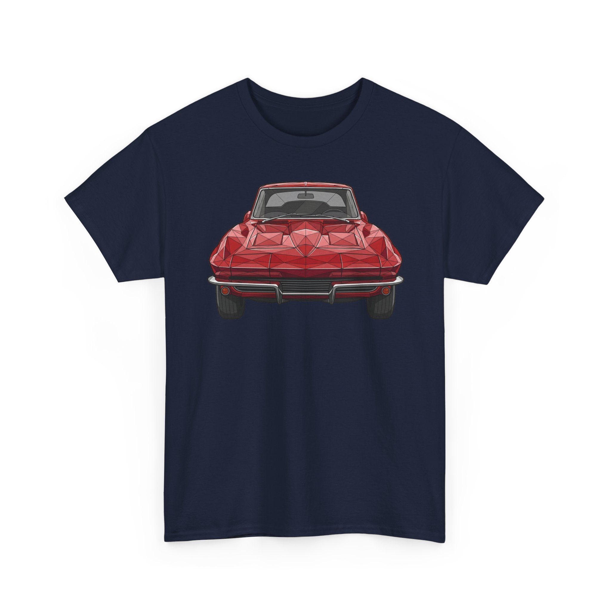 Navy T-shirt with red sports coupe graphic on the front