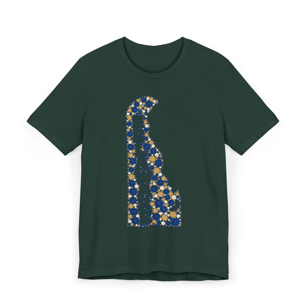 Dark green Delaware state silhouette t-shirt with blue and gold patterned Delaware map graphic