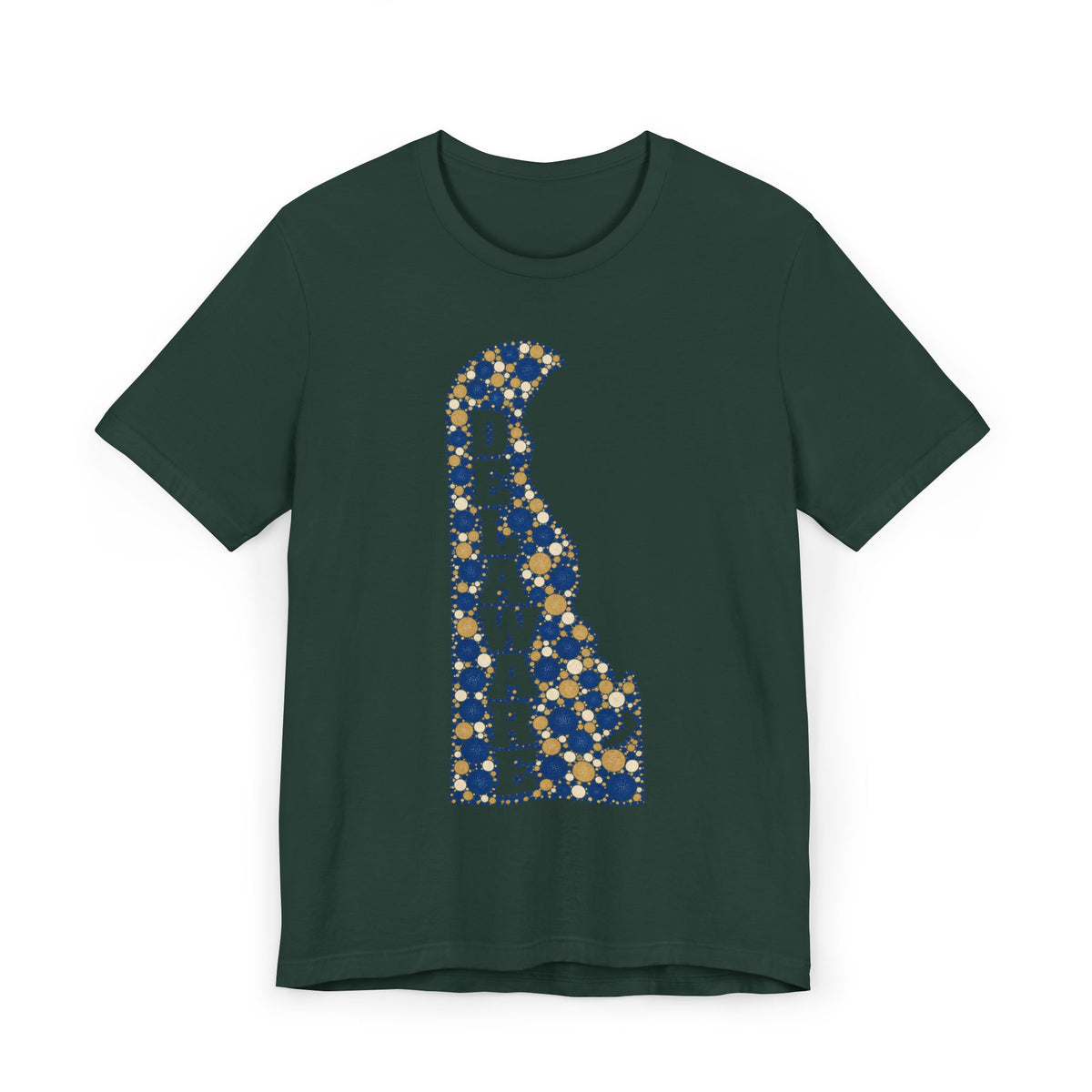 Dark green Delaware state silhouette t-shirt with blue and gold patterned Delaware map graphic