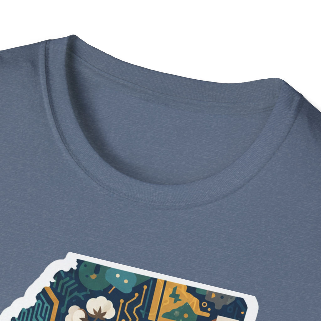 Mississippi I Am T-shirt, heather blue; close-up of crew neck